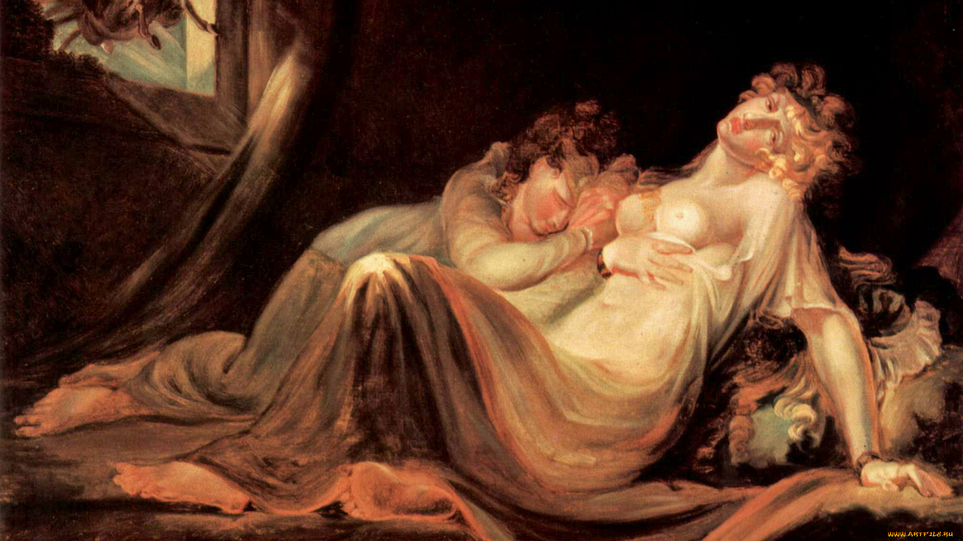 an, incubus, leaving, two, sleeping, girls-fuseli, рисованное, живопись, демон, инкуб, окно, женщины