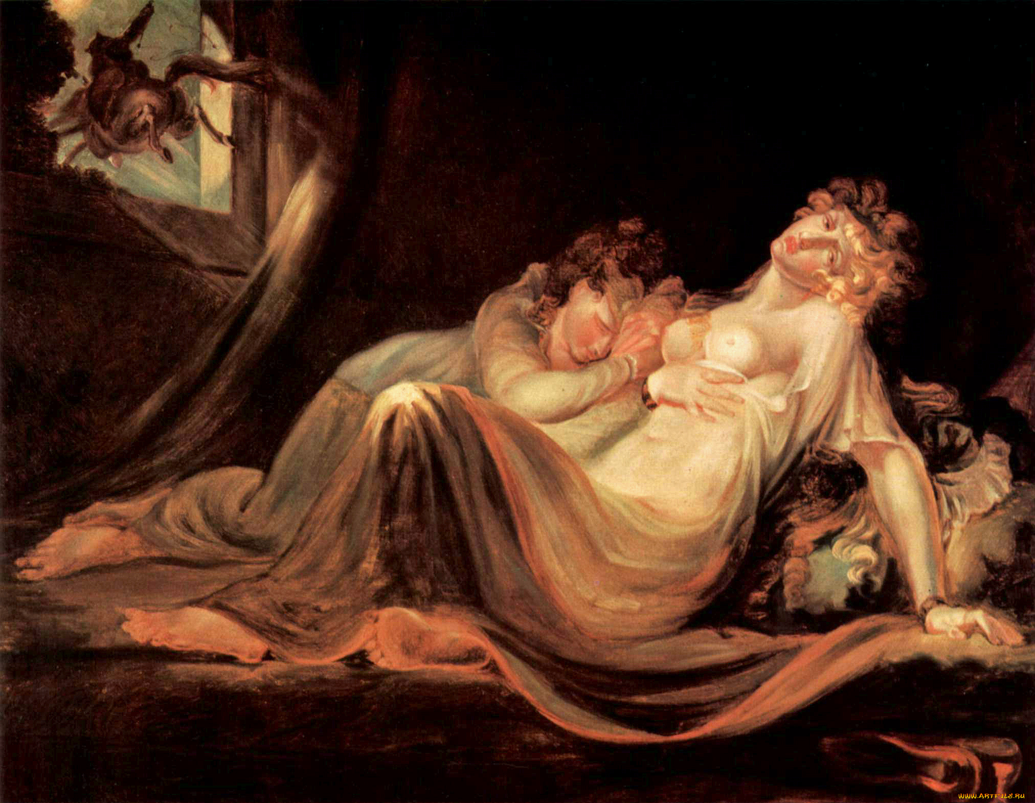 an, incubus, leaving, two, sleeping, girls-fuseli, рисованное, живопись, демон, инкуб, окно, женщины