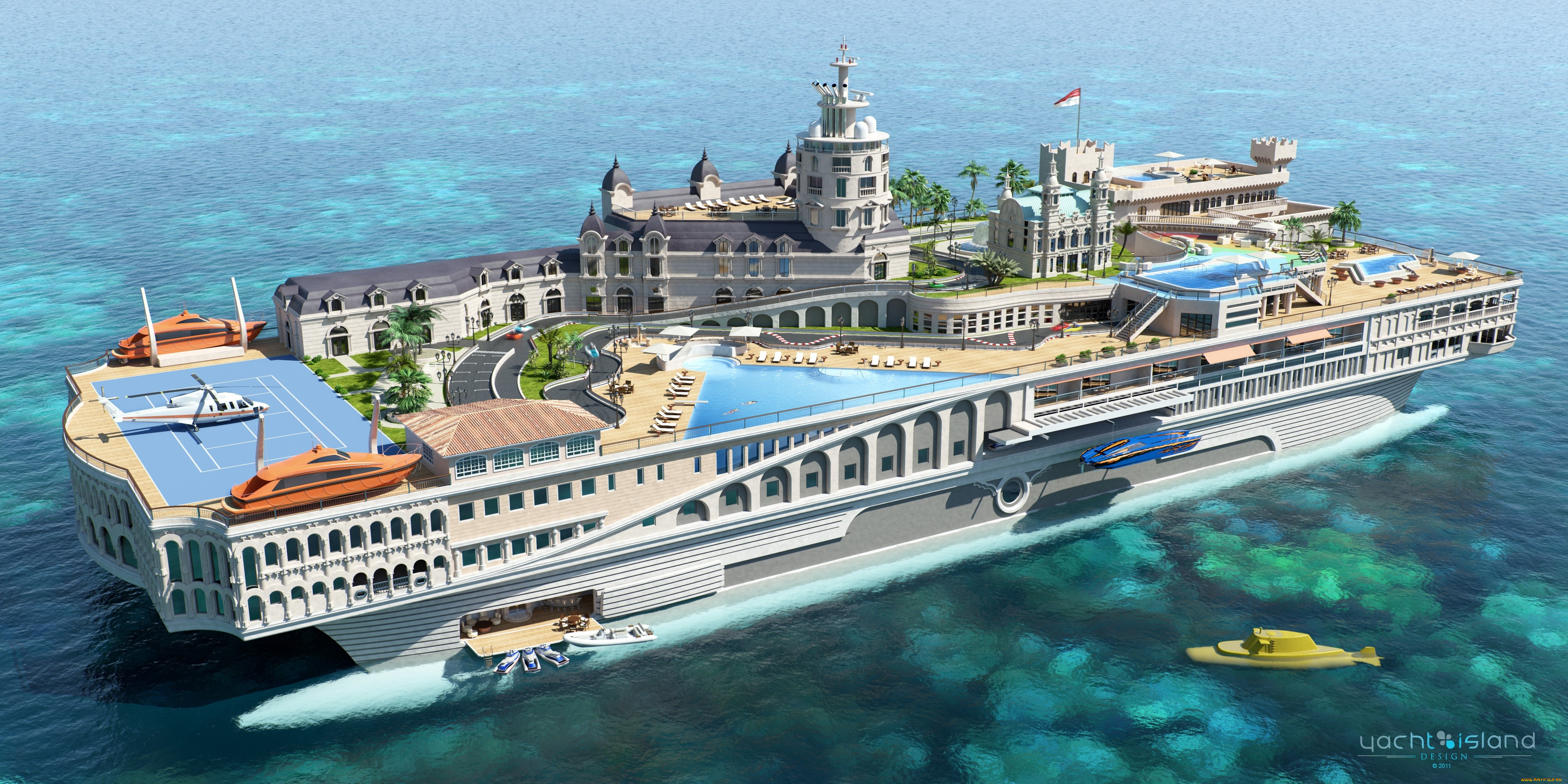 корабли, 3d, streets, of, monaco, gesign, superyacht, yacht-city, яхта-остров, futuristic, проект