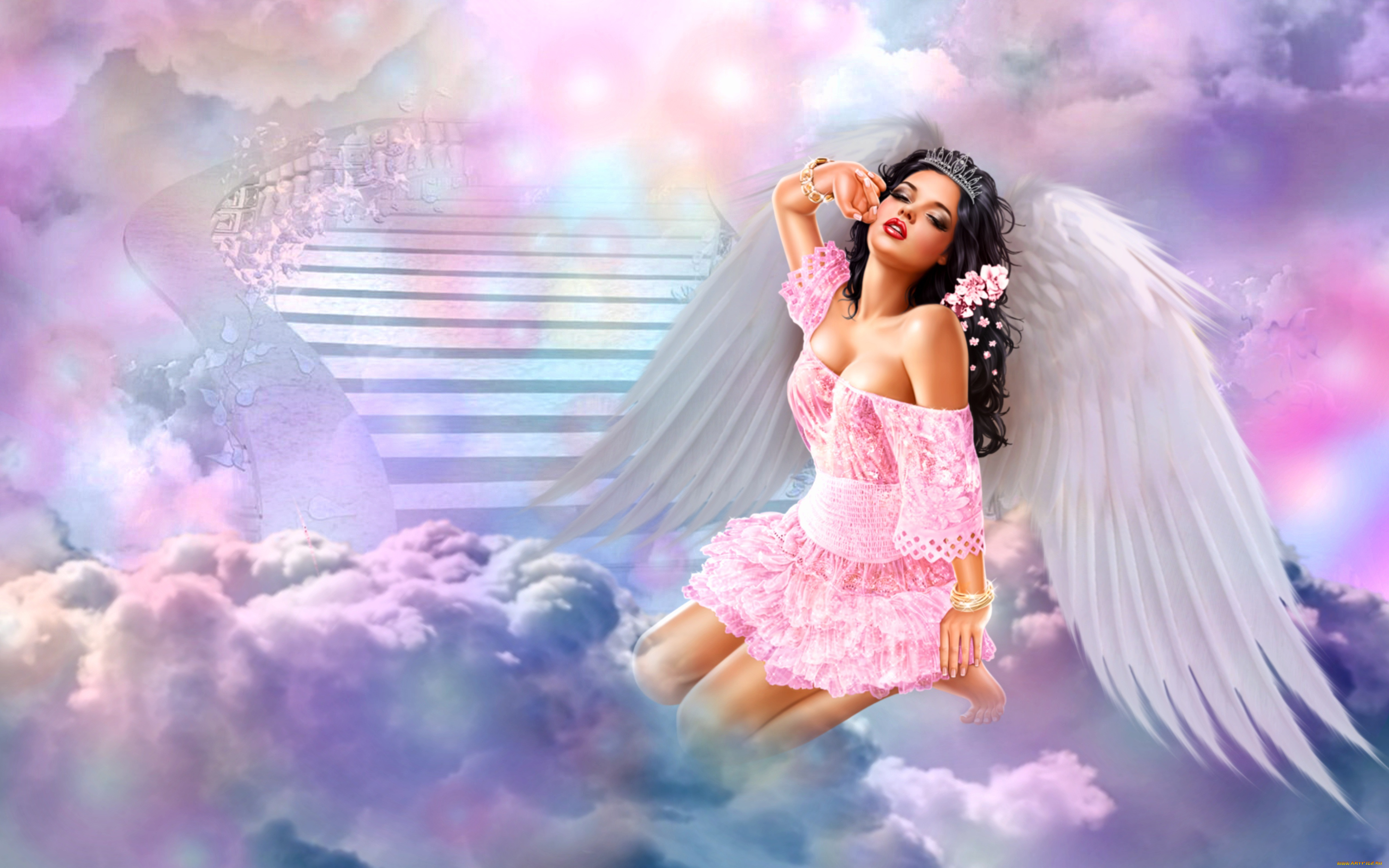 фэнтези, ангелы, облака, девушка, лестница, ангел, крылья