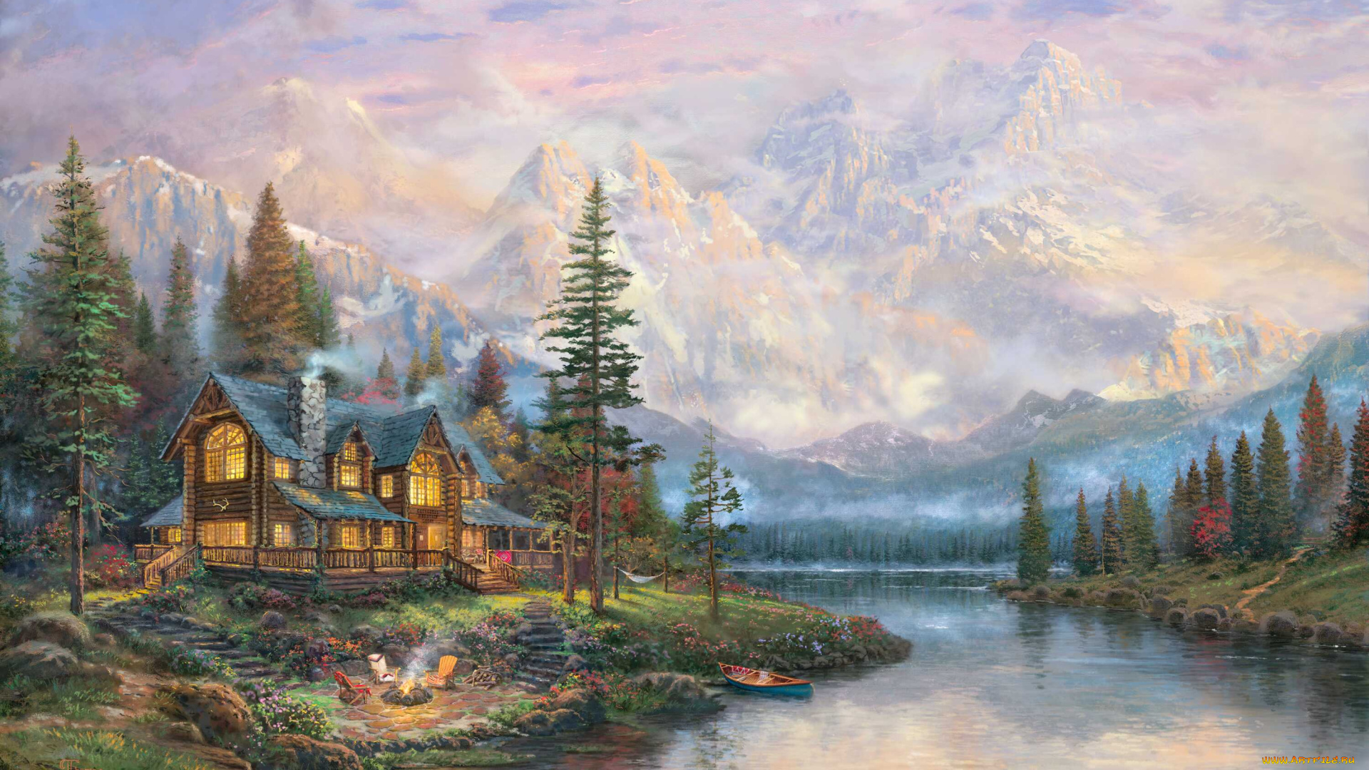 cathedral, mountain, lodge, рисованные, thomas, kinkade, дом, лес, горы, томас, кинкейд, река