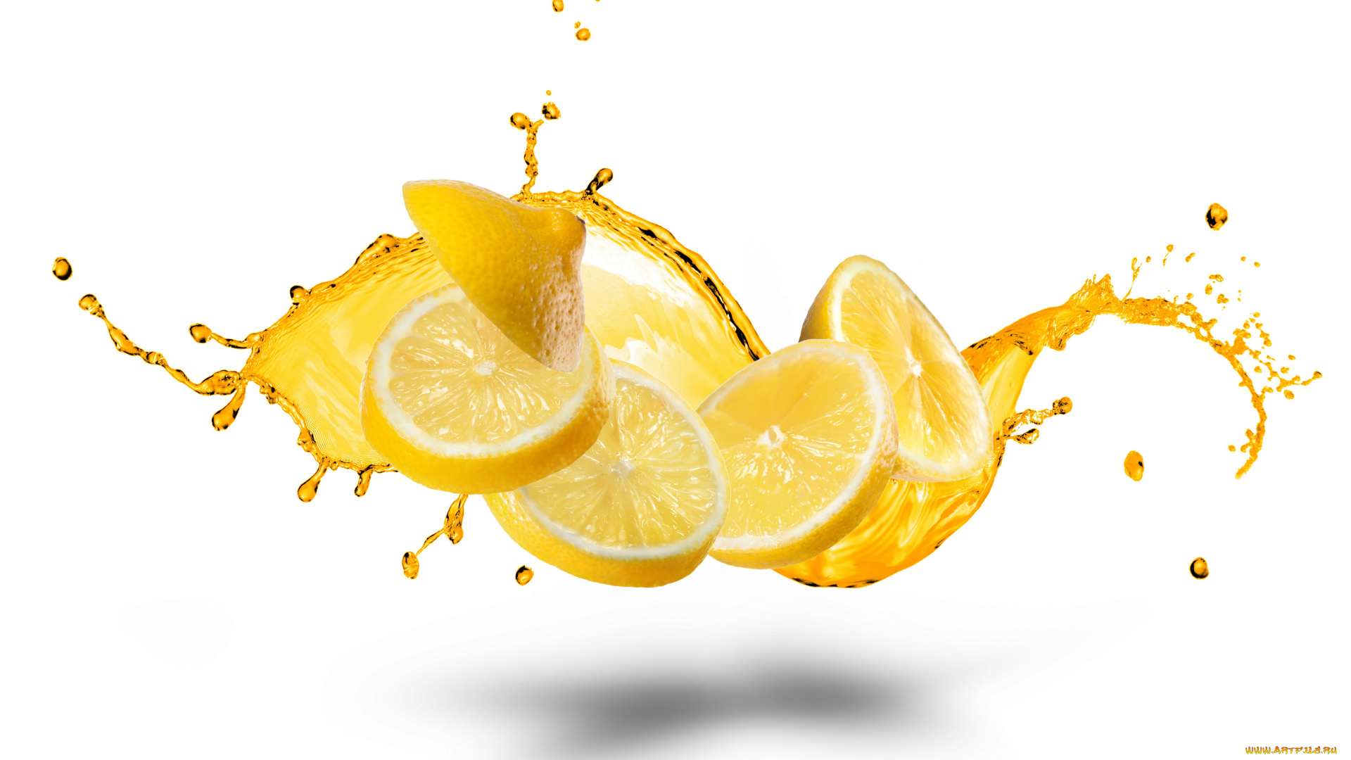 еда, цитрусы, белый, фон, вода, брызги, лимон, дольки, white, background, water, splashes, lemon, slices