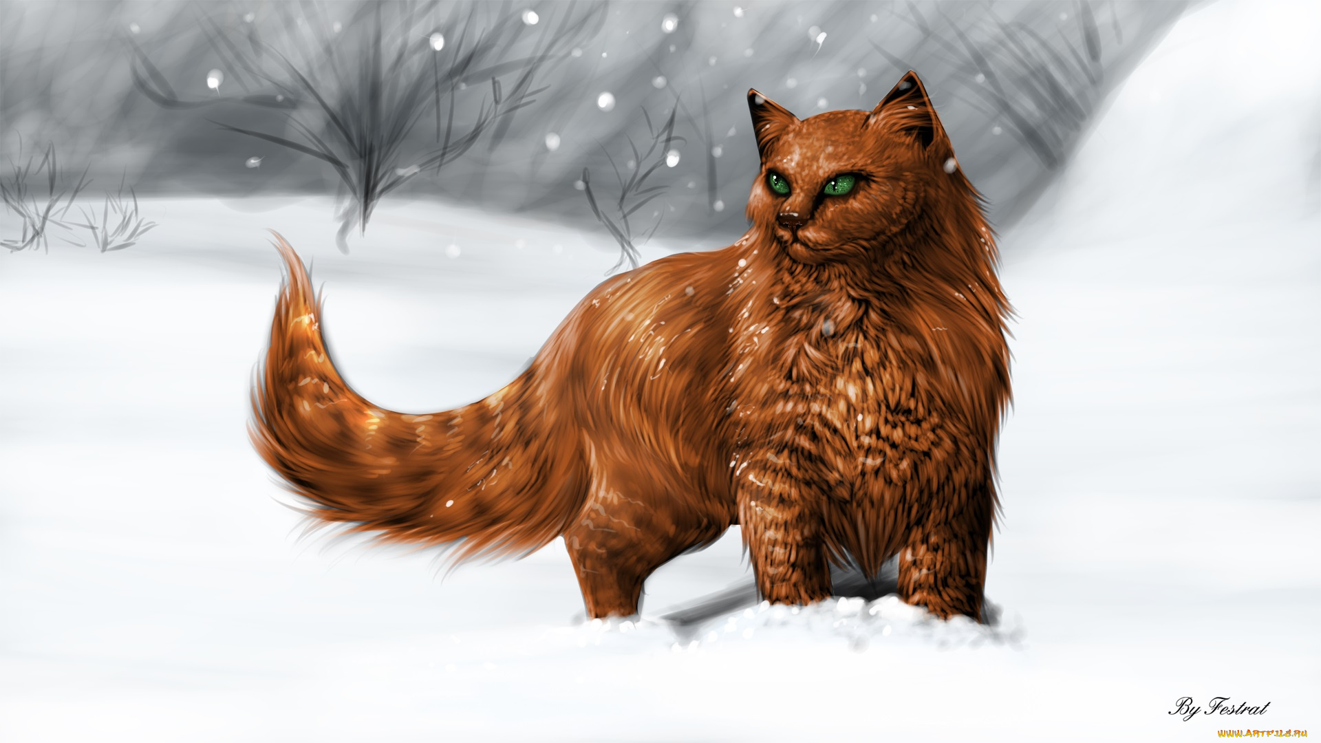 рисованные, животные, , коты, кот, взгляд, снег
