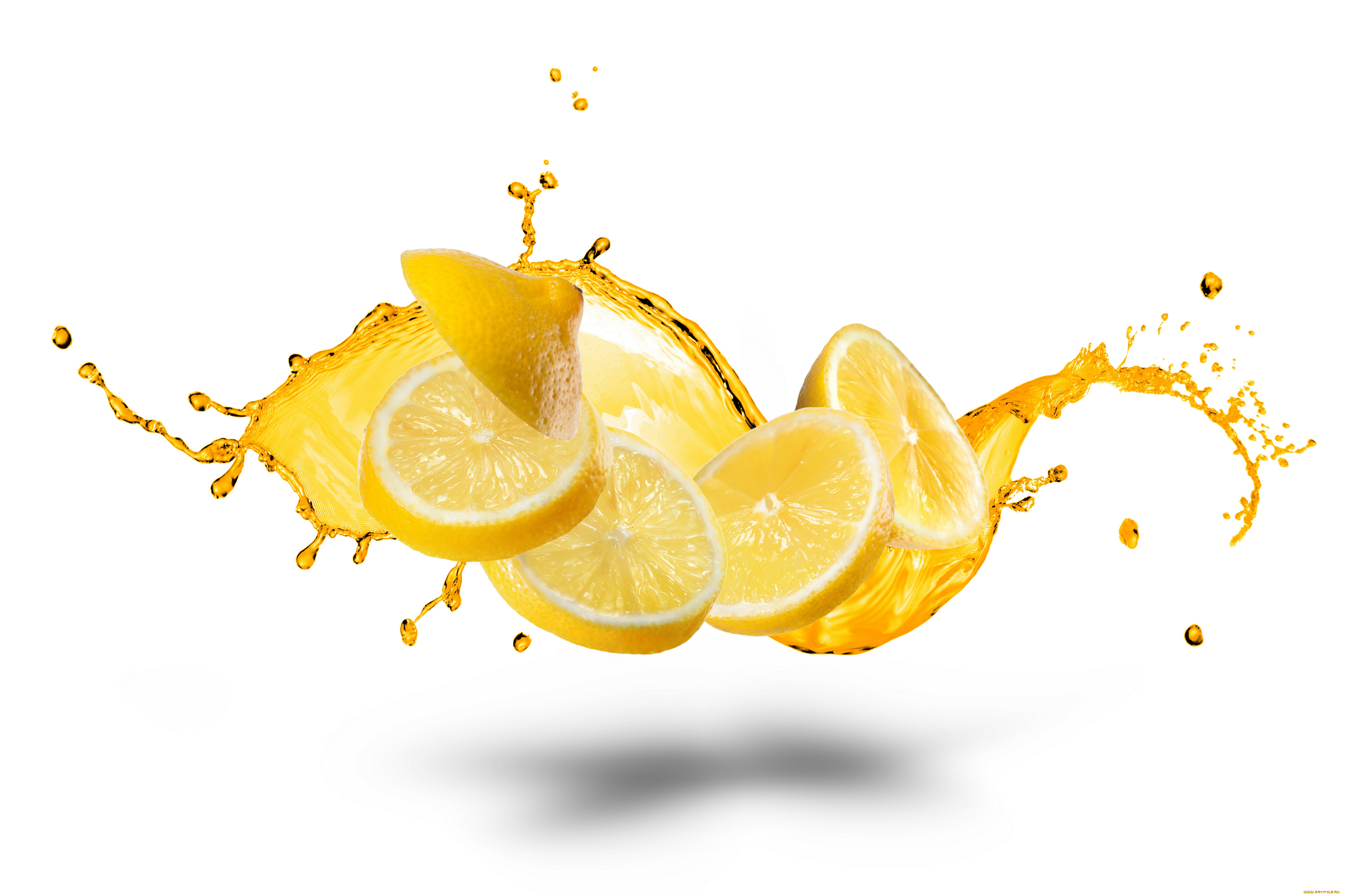 еда, цитрусы, белый, фон, вода, брызги, лимон, дольки, white, background, water, splashes, lemon, slices