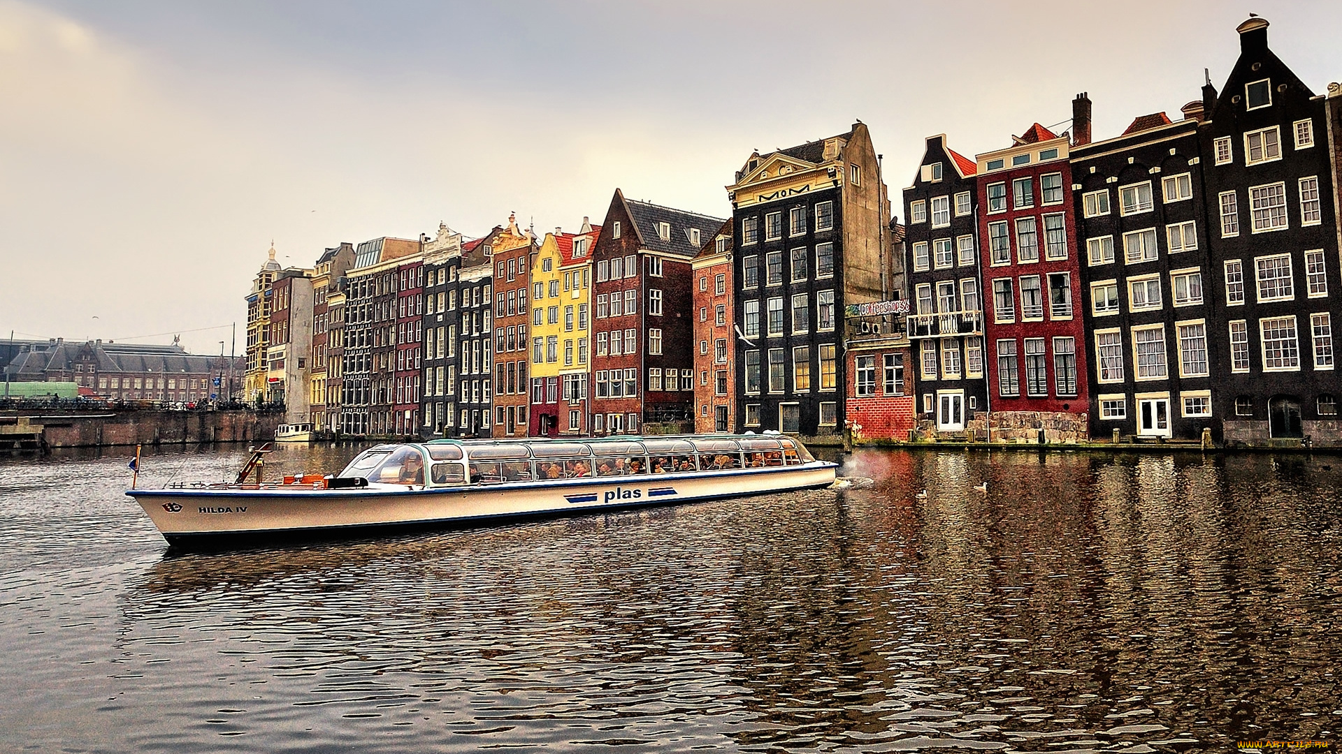 города, амстердам, , нидерланды, судно, прогулочное, старинные, дома, канал