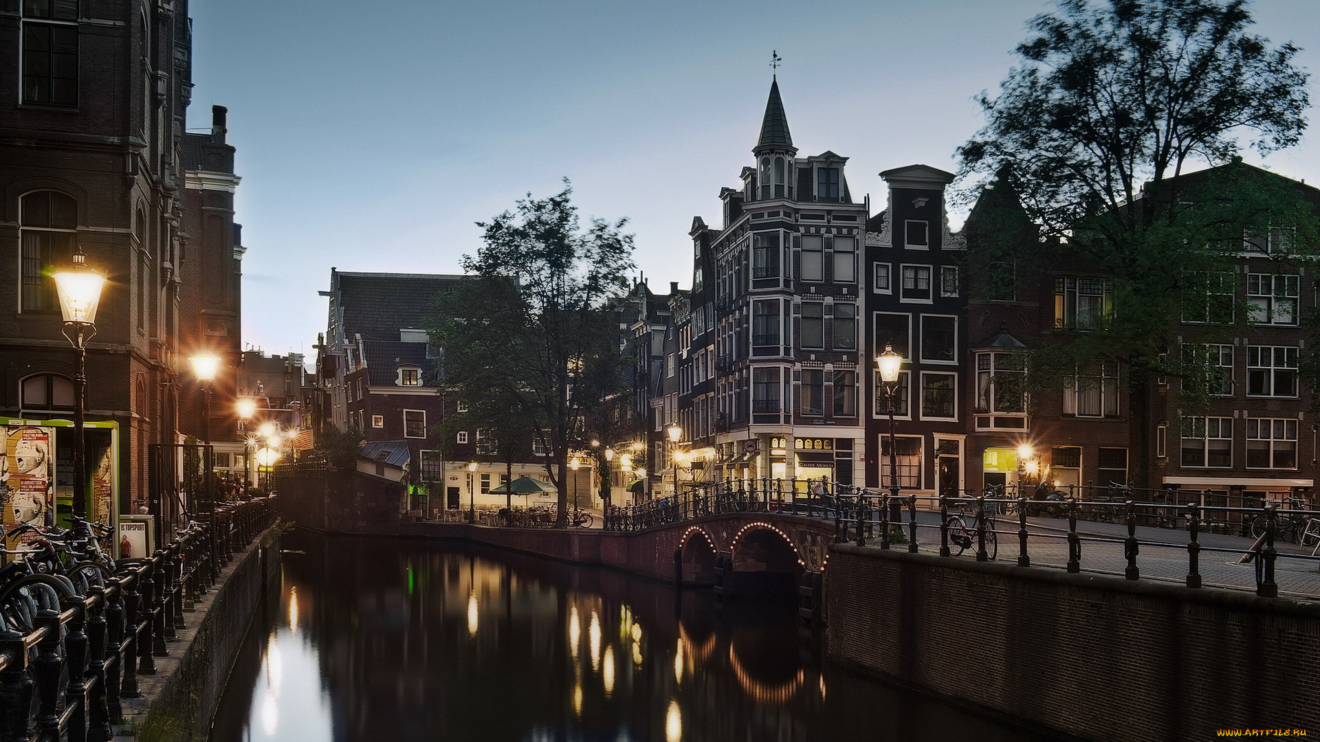 города, амстердам, , нидерланды, вечер, мост, фонари, канал