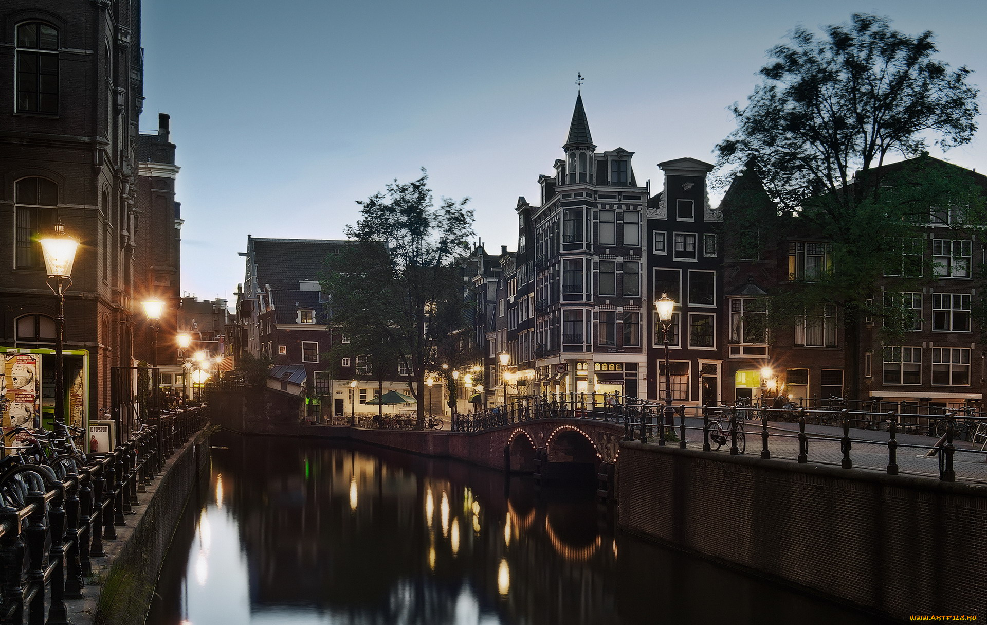 города, амстердам, , нидерланды, вечер, мост, фонари, канал