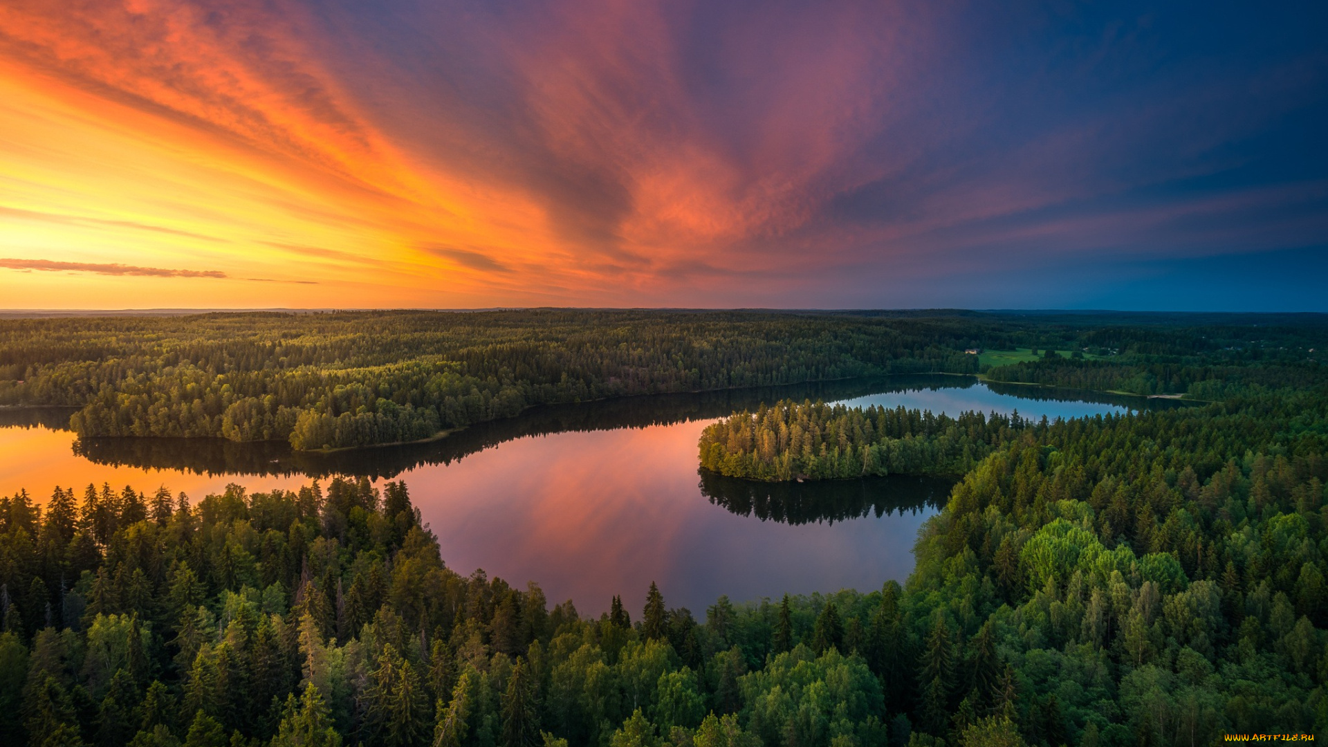 природа, пейзажи, река, озеро, лес, закат, небо