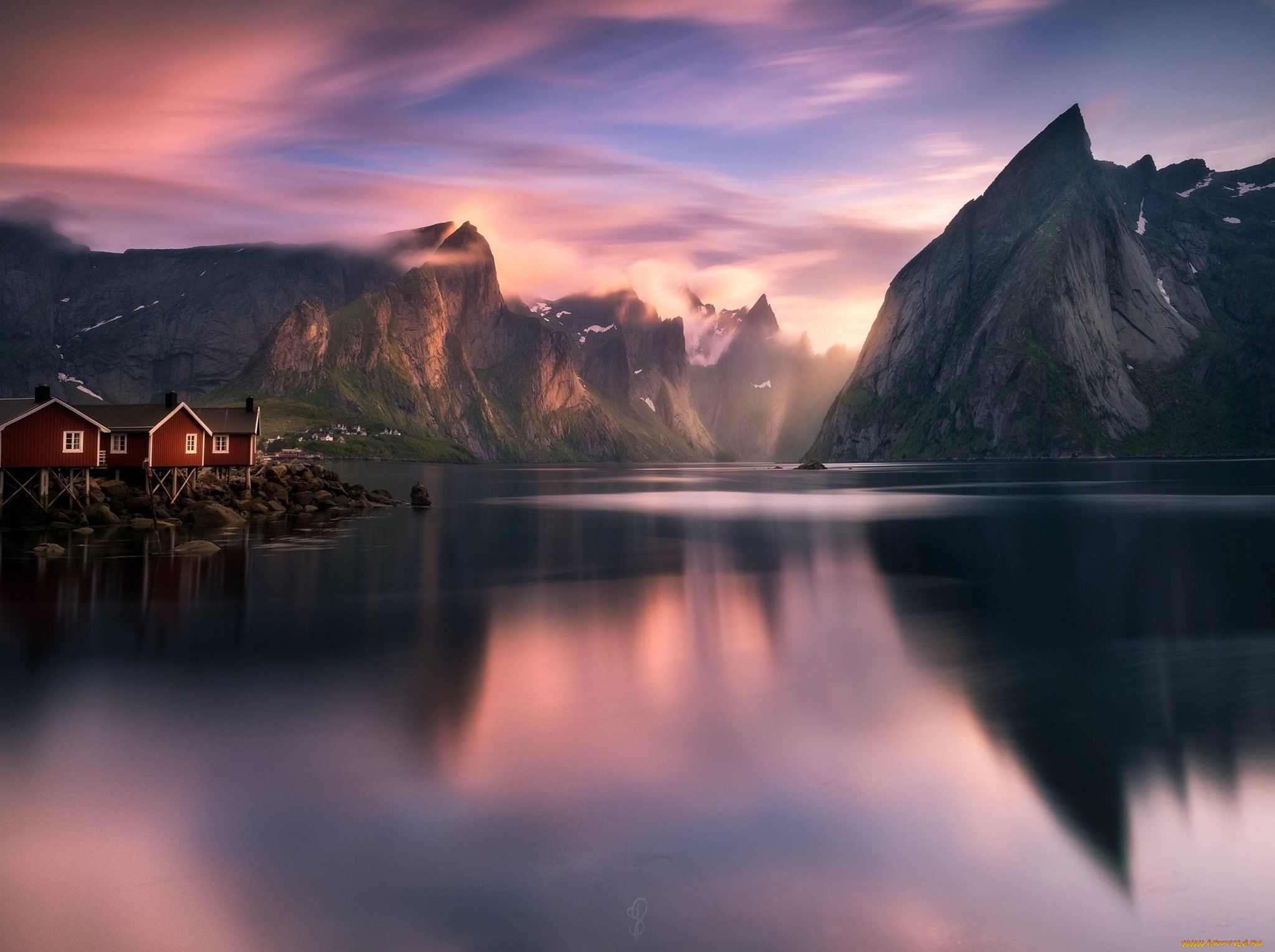 природа, реки, озера, фьорд, дома, норвегия, горы, озеро