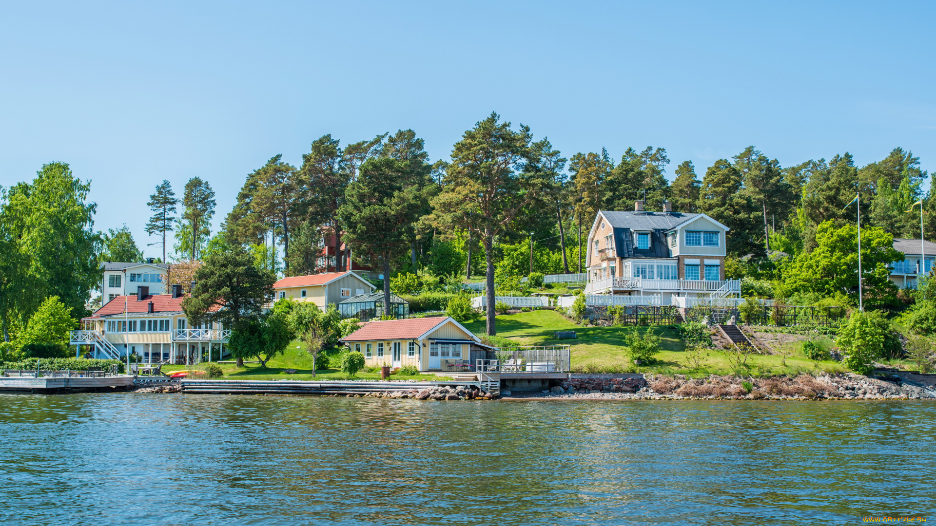 швеция, vaxholm, города, улицы, площади, набережные, дома, деревья, причал, река