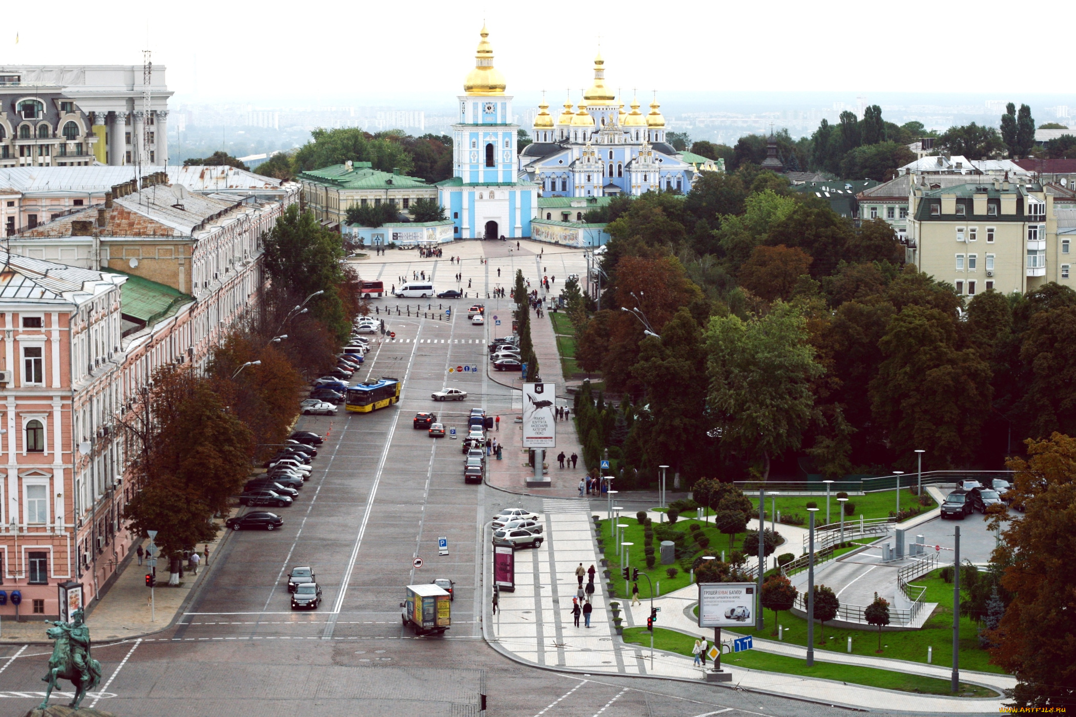 города, киев, украина, свято-михайловский, собор, дорога, панорама