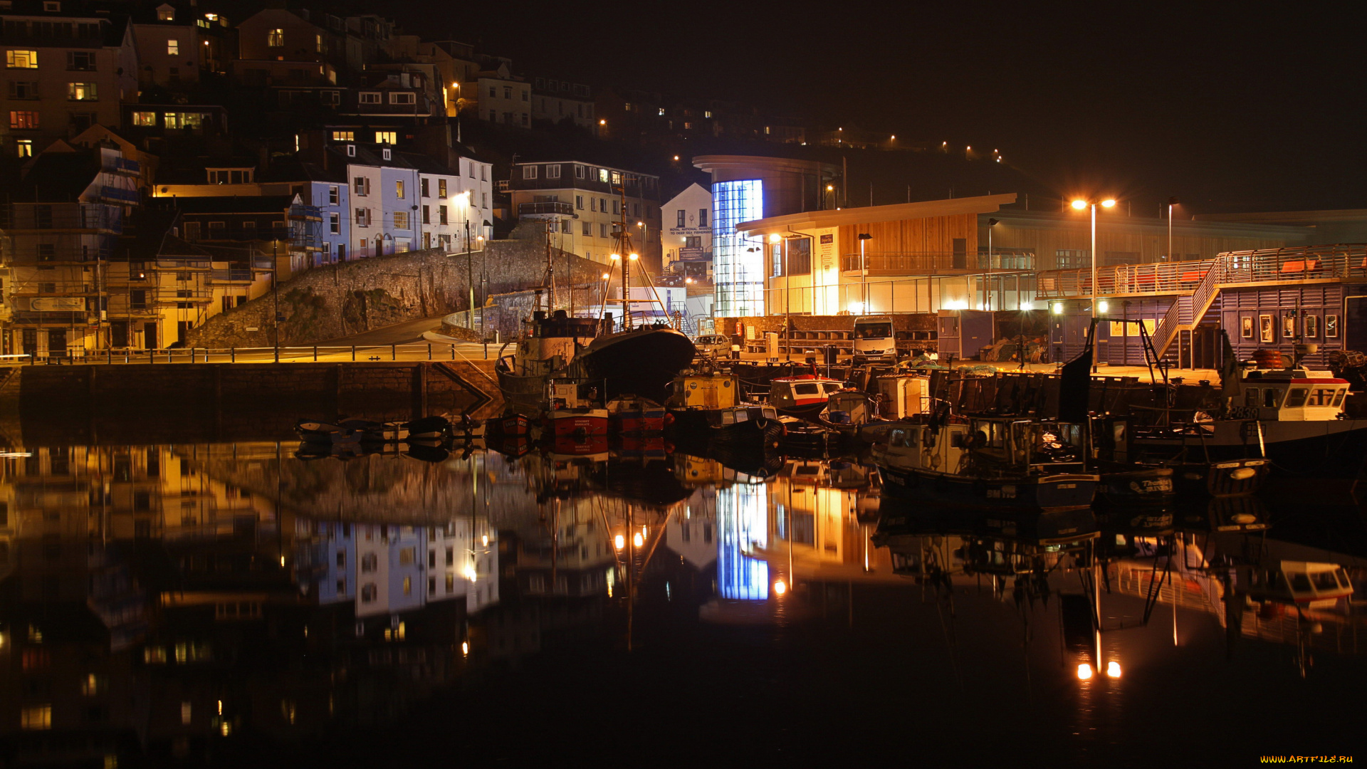 brixham, англия, корабли, порты, , , причалы, набережная, река, дома, england, brixham, причалы, огни, ночь