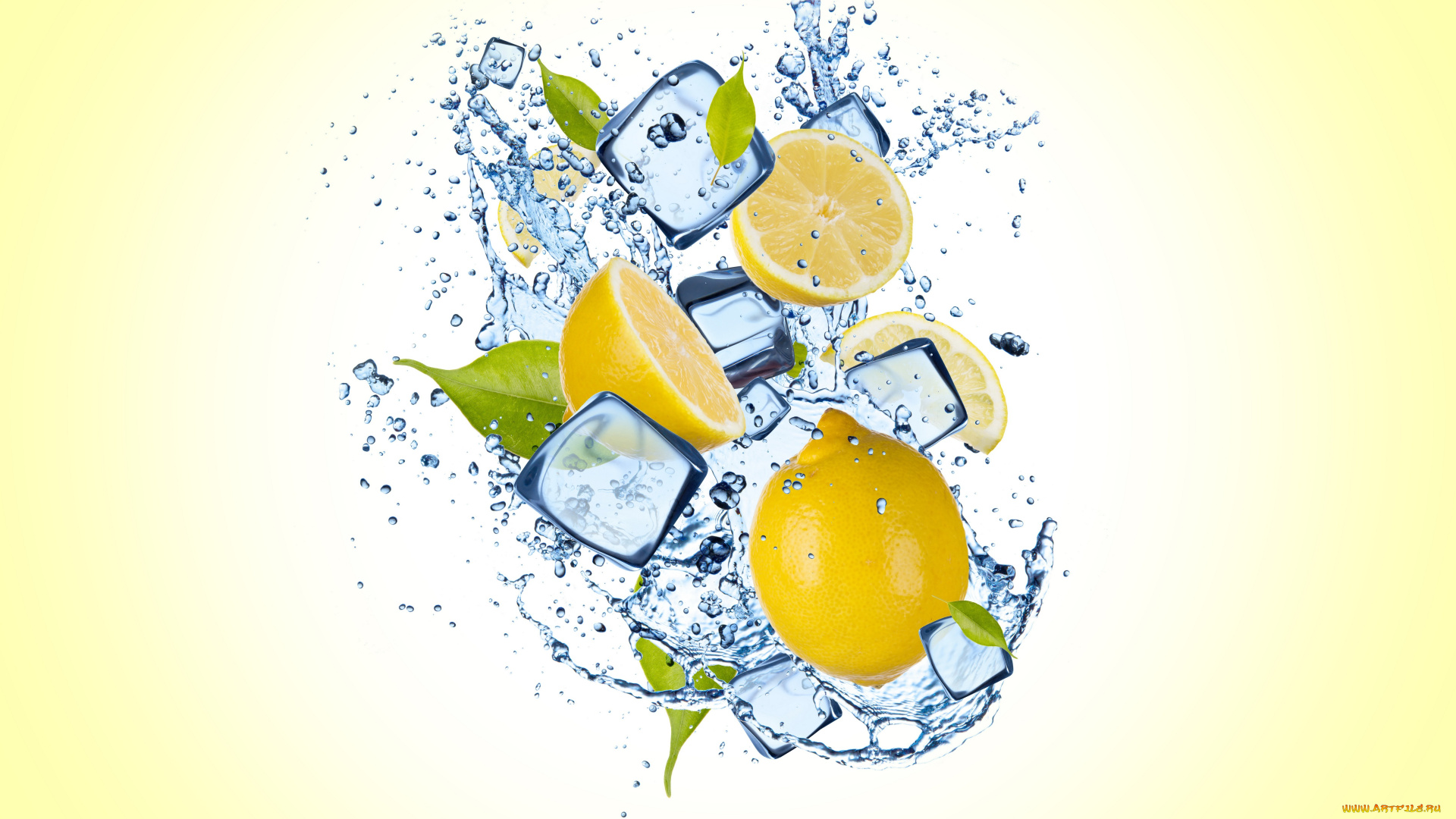 еда, цитрусы, lemon, slices, yellow, background, капли, вода, лед, желтый, фон, water, drops, ice, лимон, дольки