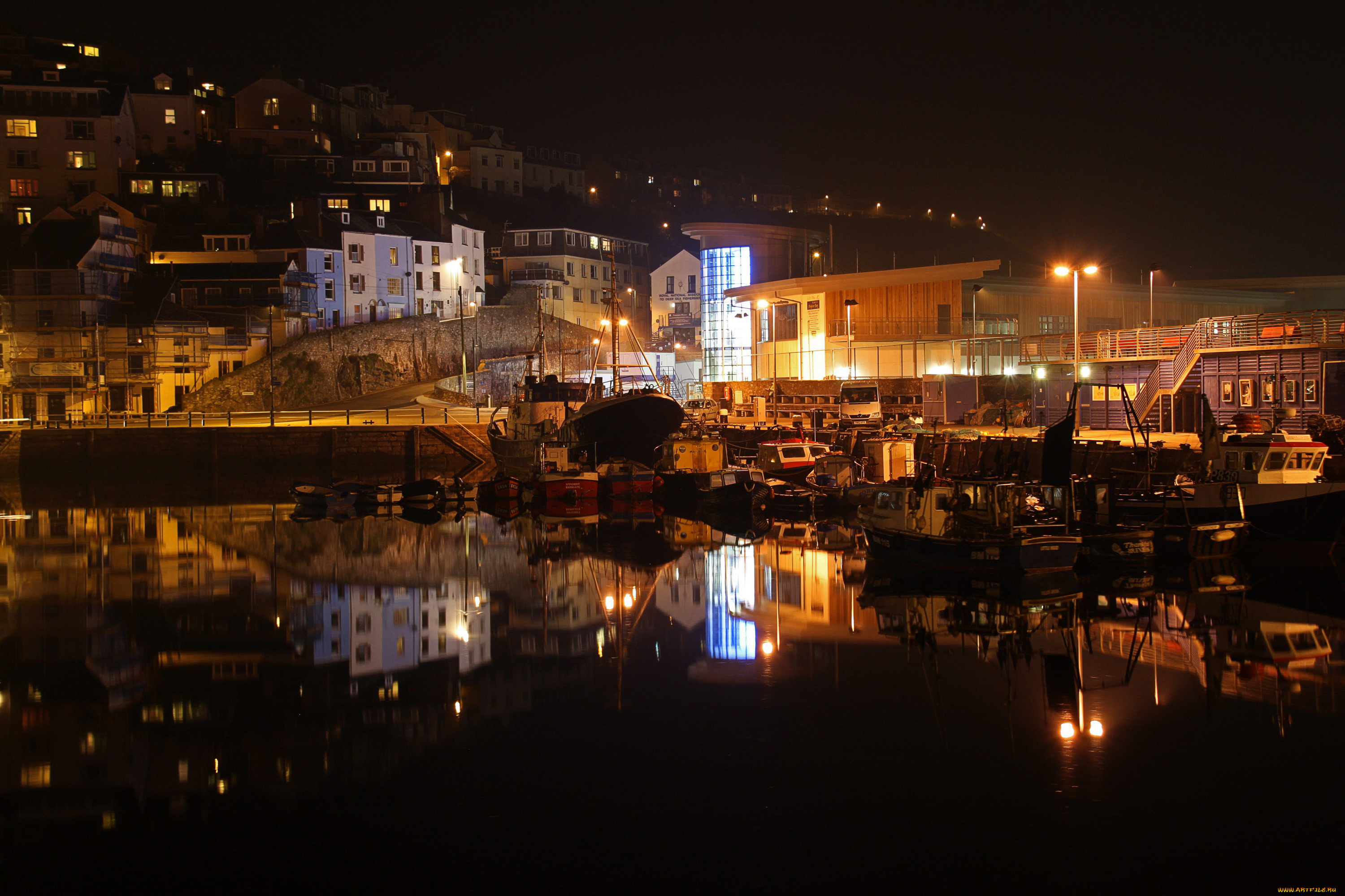 brixham, англия, корабли, порты, , , причалы, набережная, река, дома, england, brixham, причалы, огни, ночь