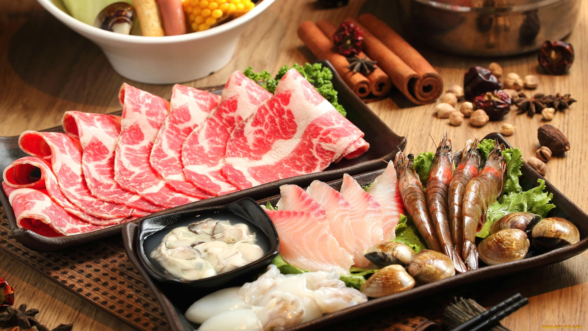 еда, разное, моллюски, мясо, кальмары, бадьян, корица, специи, рыба, креветки, морепродукты, блюда, японская, кухня, ассорти