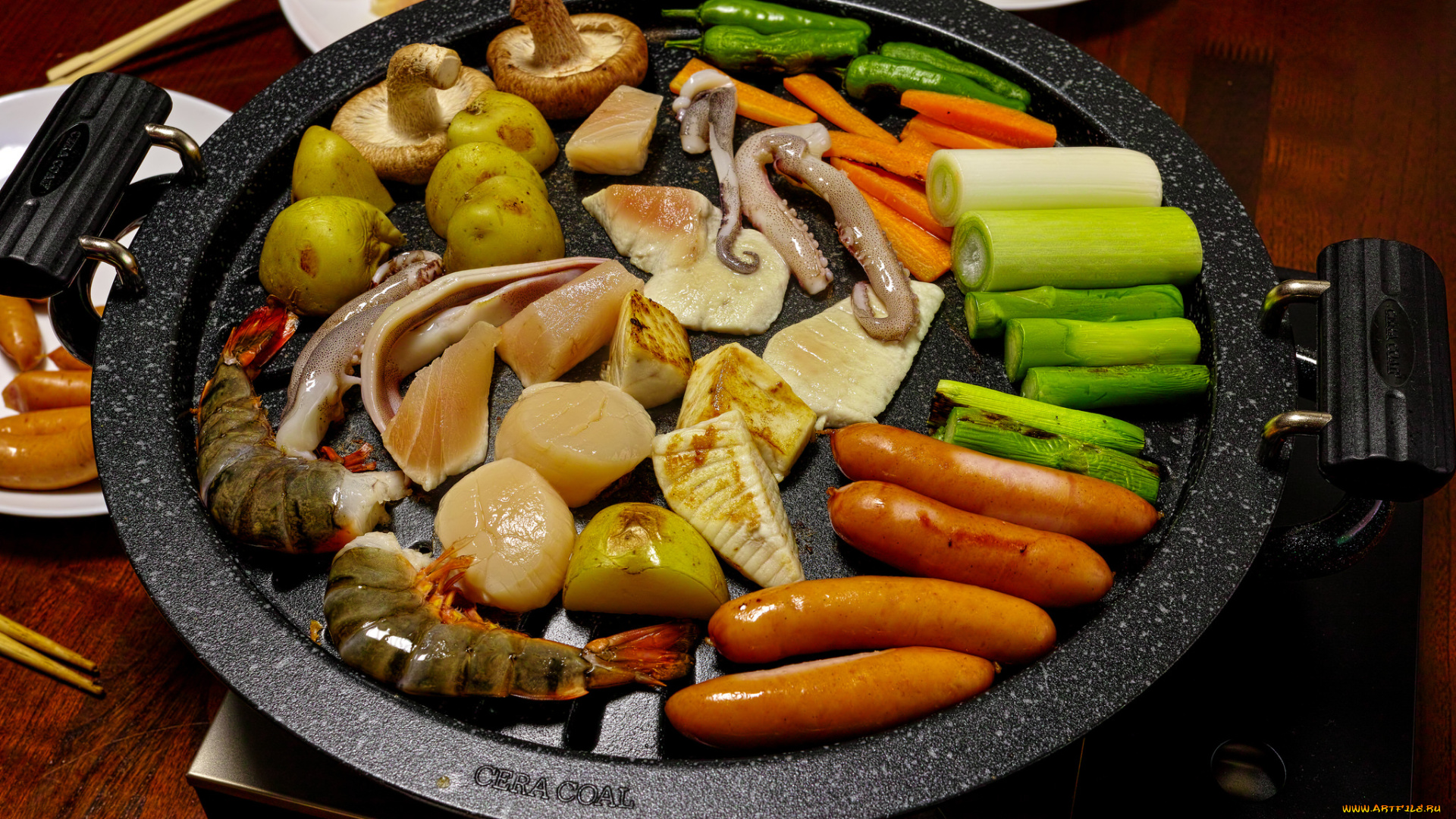 еда, рыбные, блюда, , с, морепродуктами, картошка, креветки, колбаски, овощи
