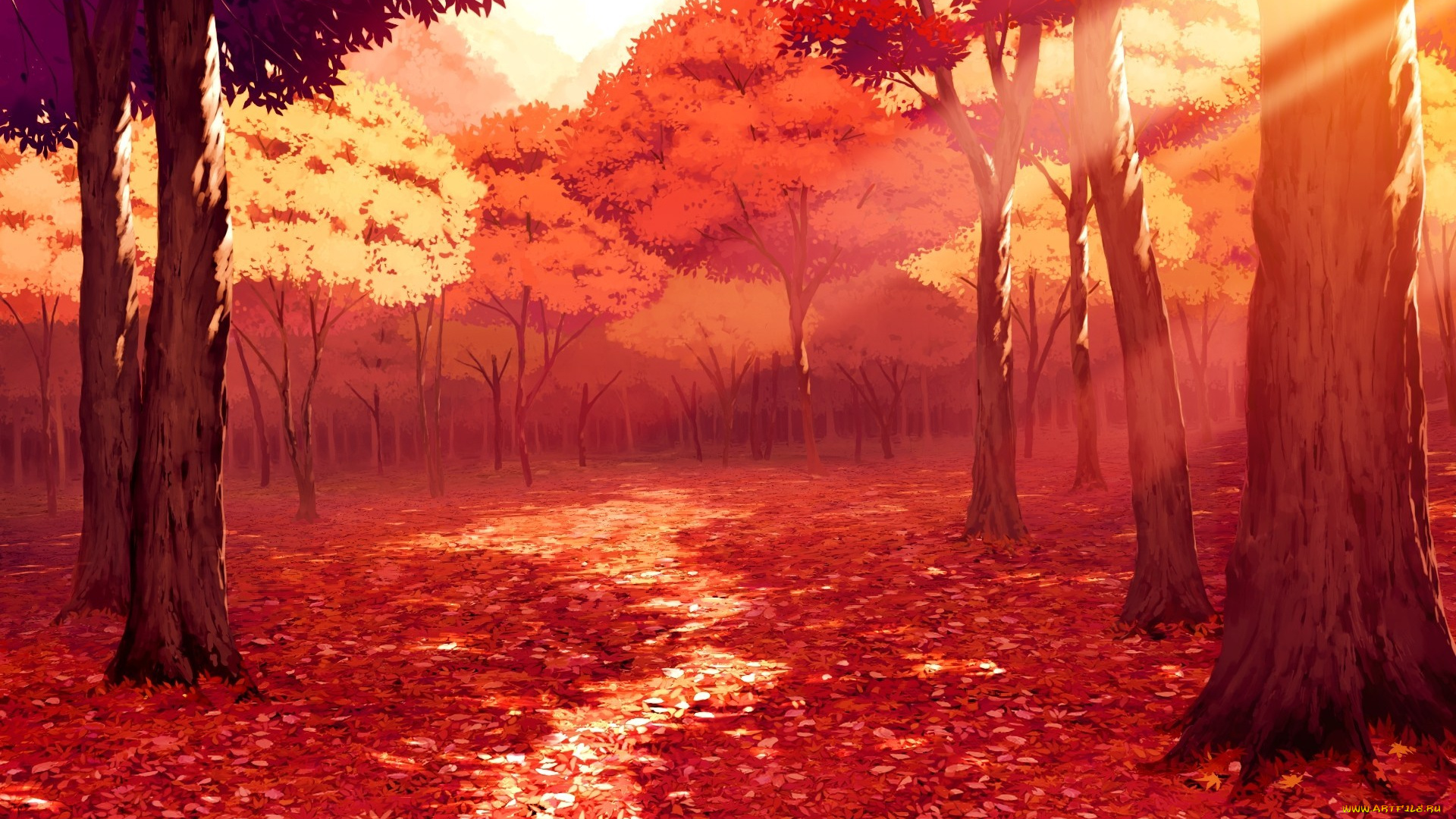 рисованное, природа, осень, лучи, тропинка, лес, деревья
