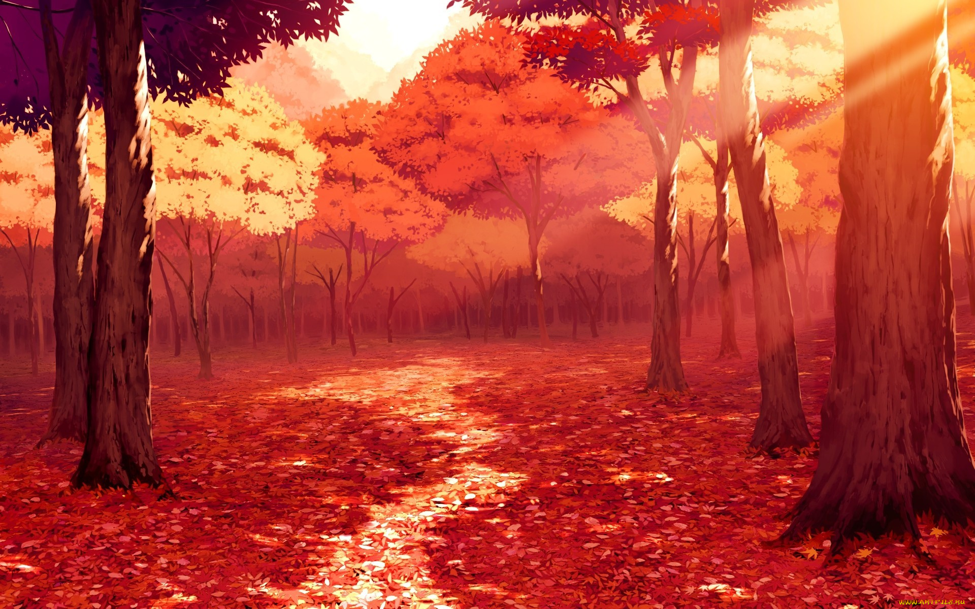 рисованное, природа, осень, лучи, тропинка, лес, деревья