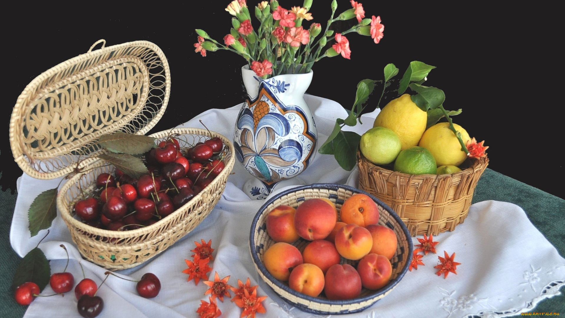 еда, натюрморт, цветы, фрукты, ваза