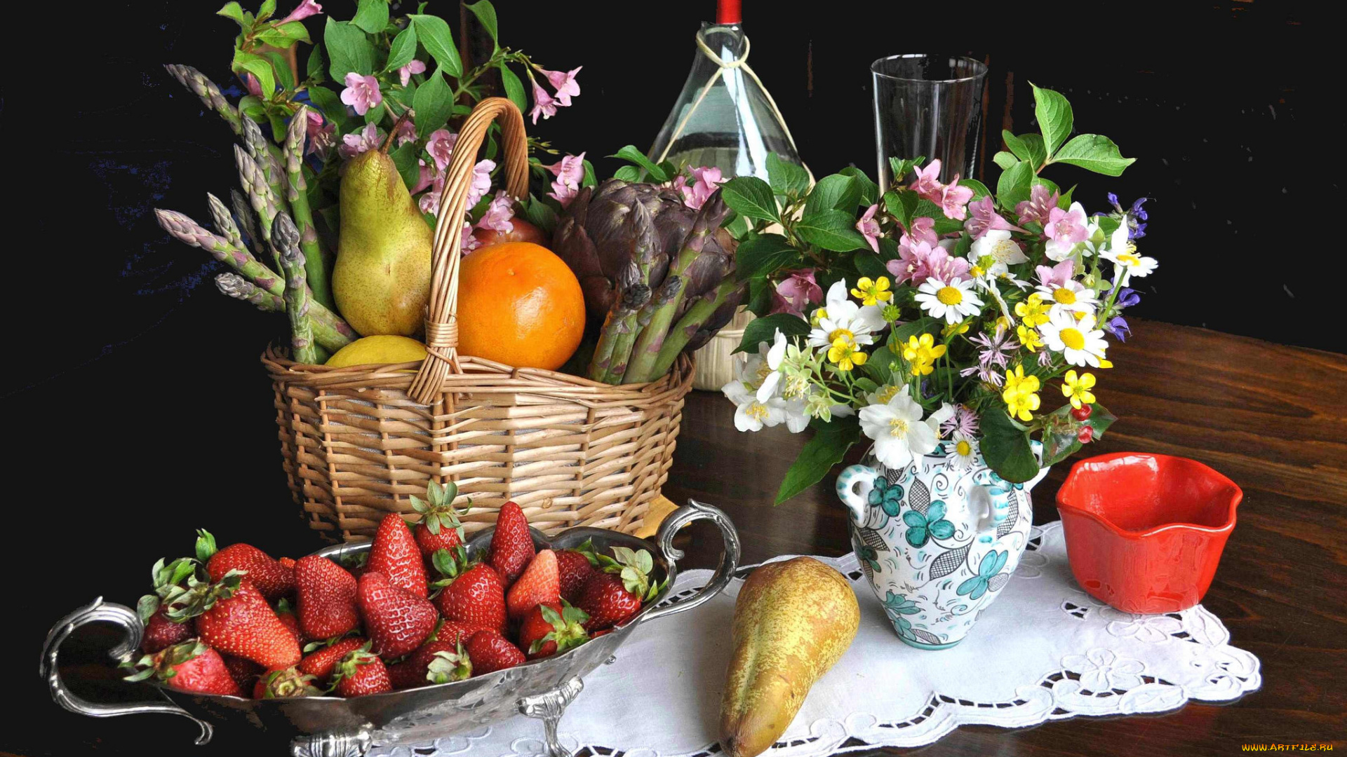 еда, натюрморт, цветы, ваза, фрукты