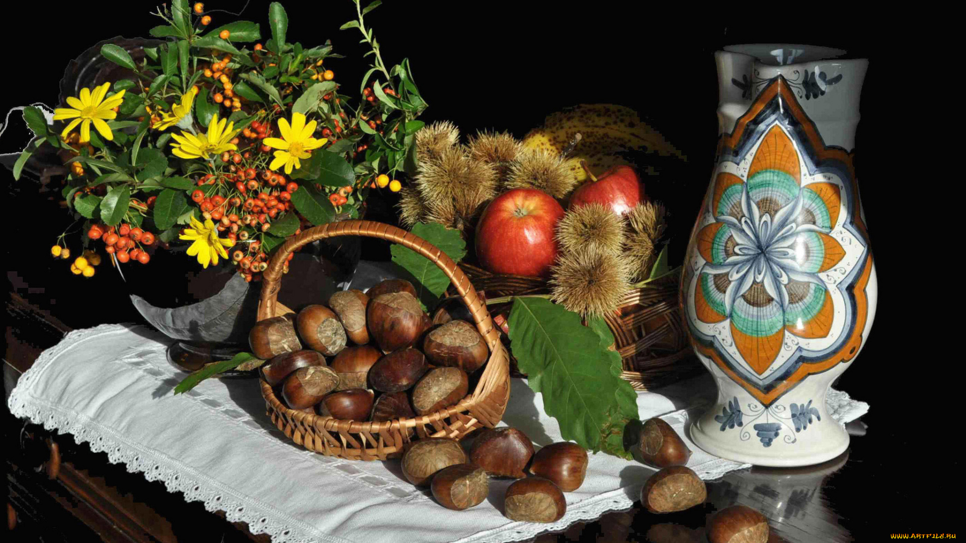 еда, натюрморт, ваза, фрукты, цветы