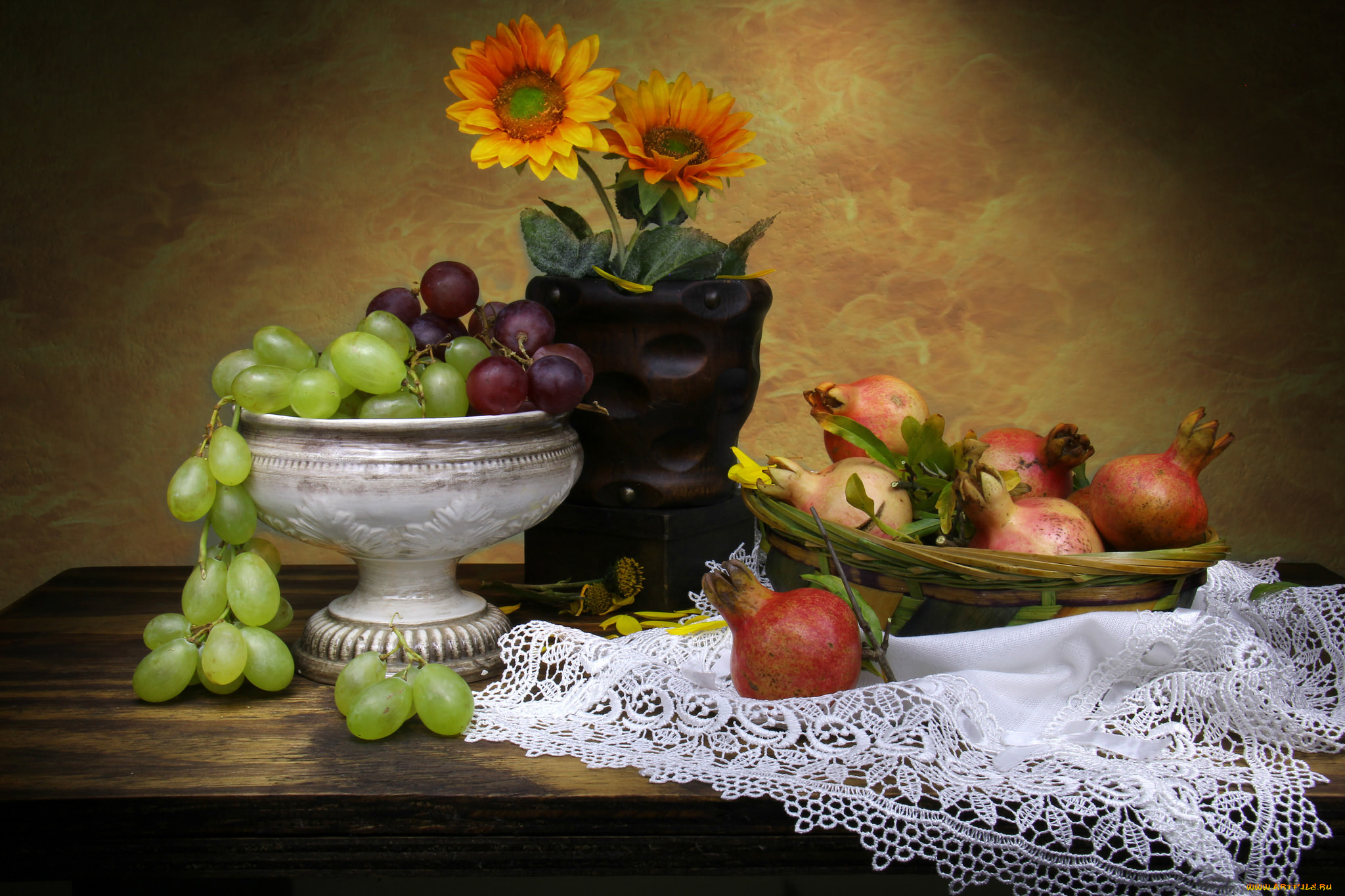 еда, натюрморт, фрукты, цветы, ваза