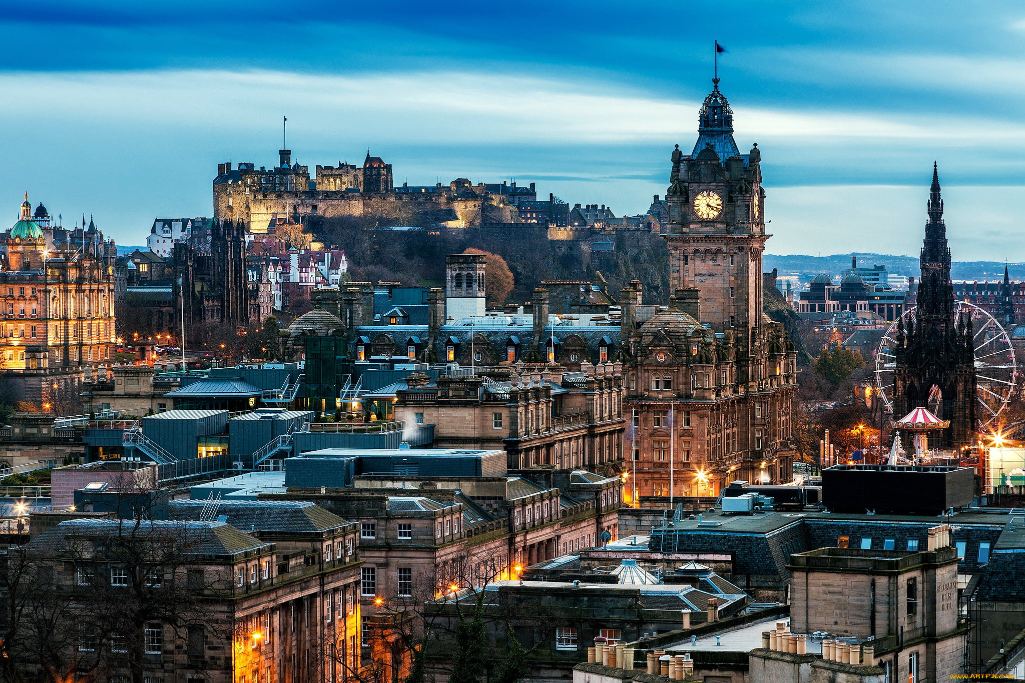 города, эдинбург, , шотландия, старинные, башня, здания, замок, часы