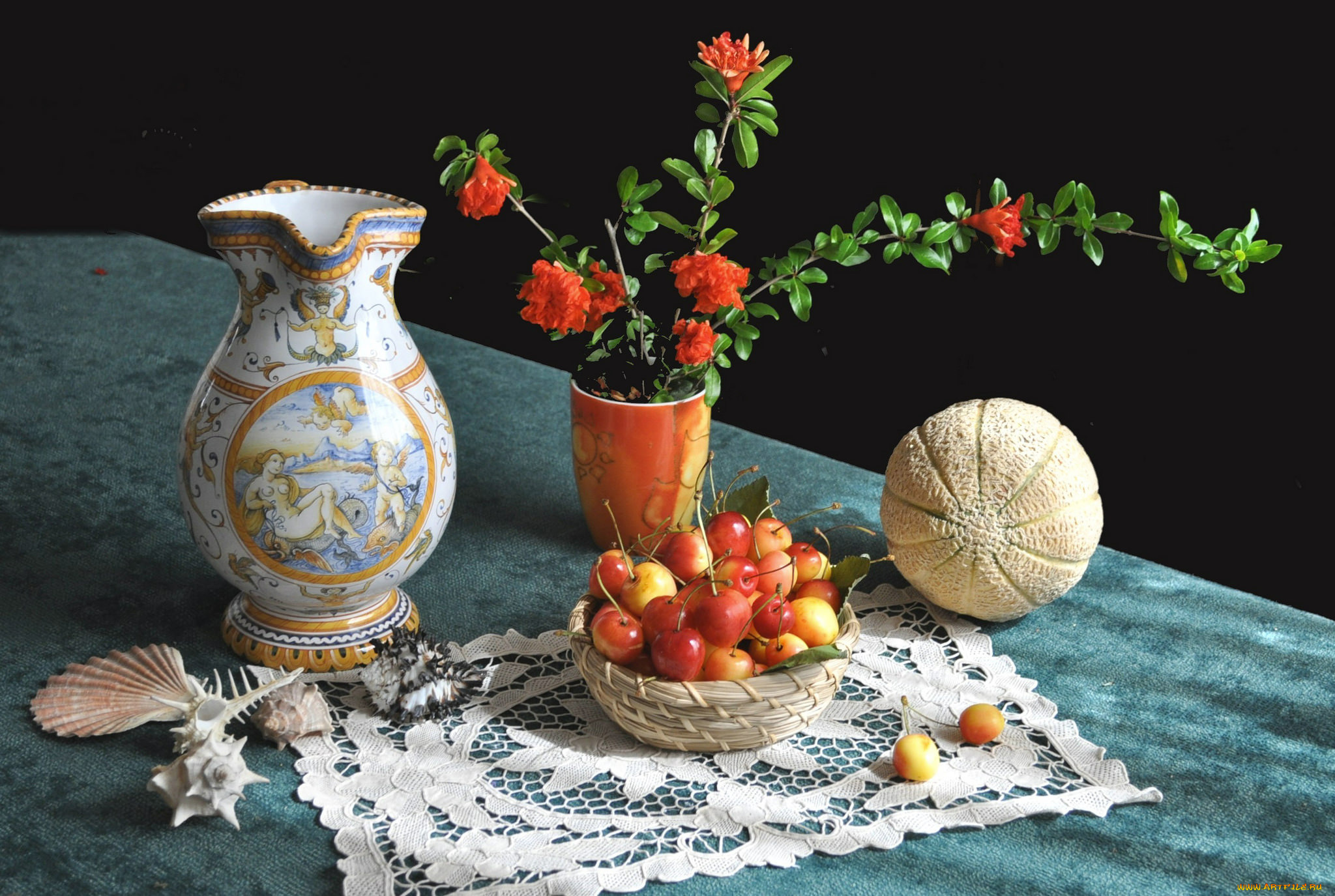 еда, натюрморт, ваза, цветы, фрукты