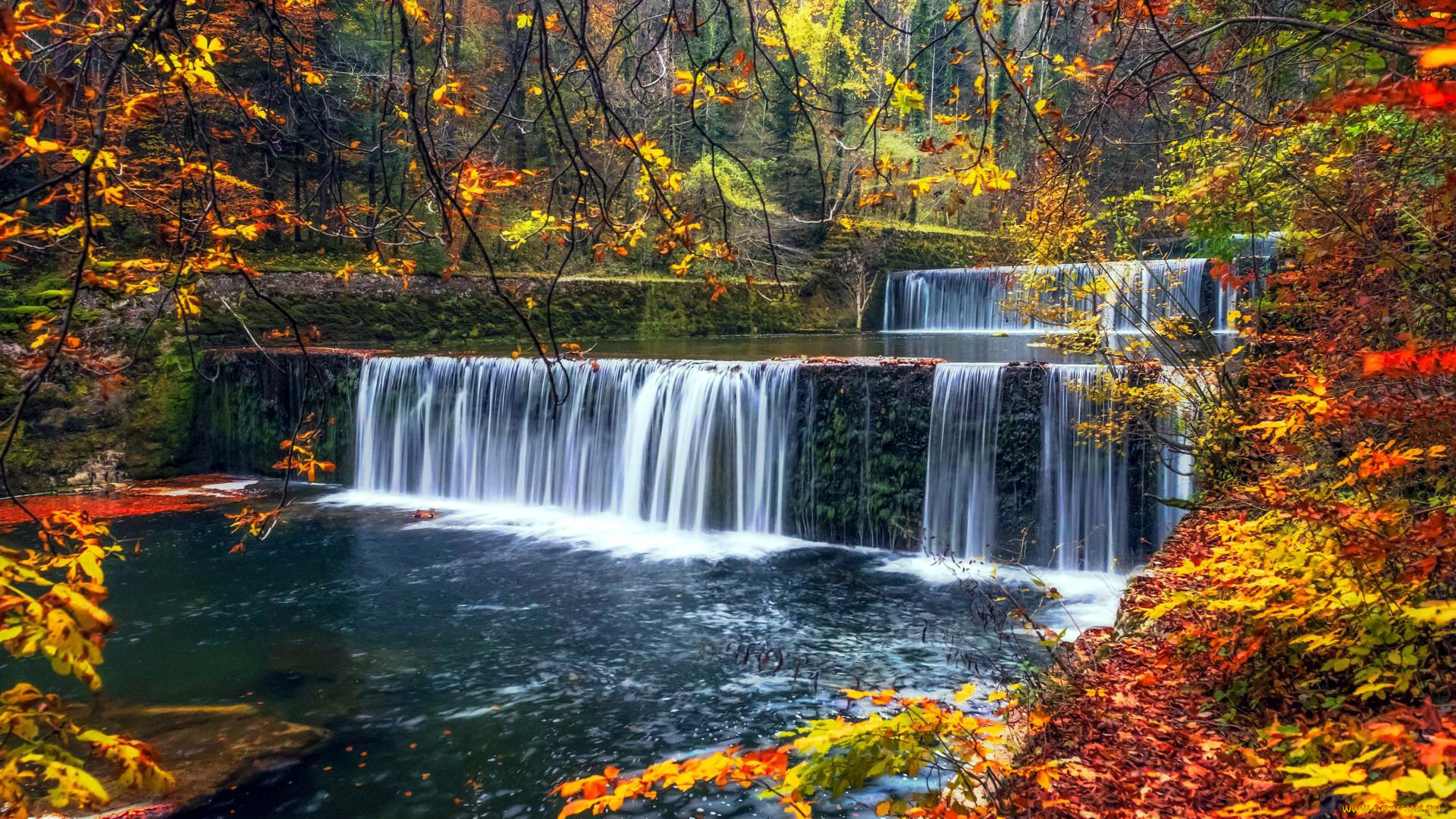 природа, водопады, осень, водопад, листопад