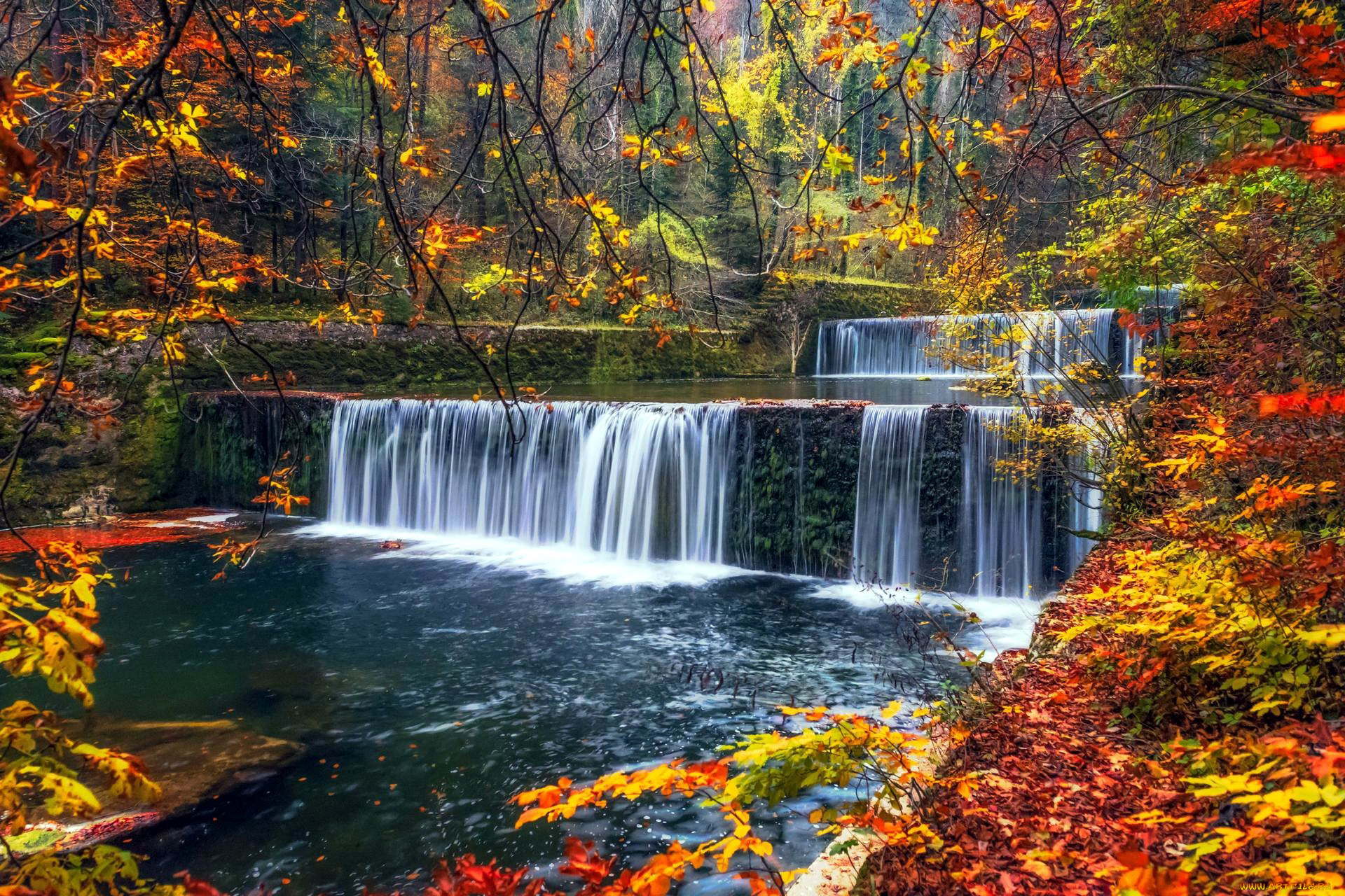 природа, водопады, осень, водопад, листопад