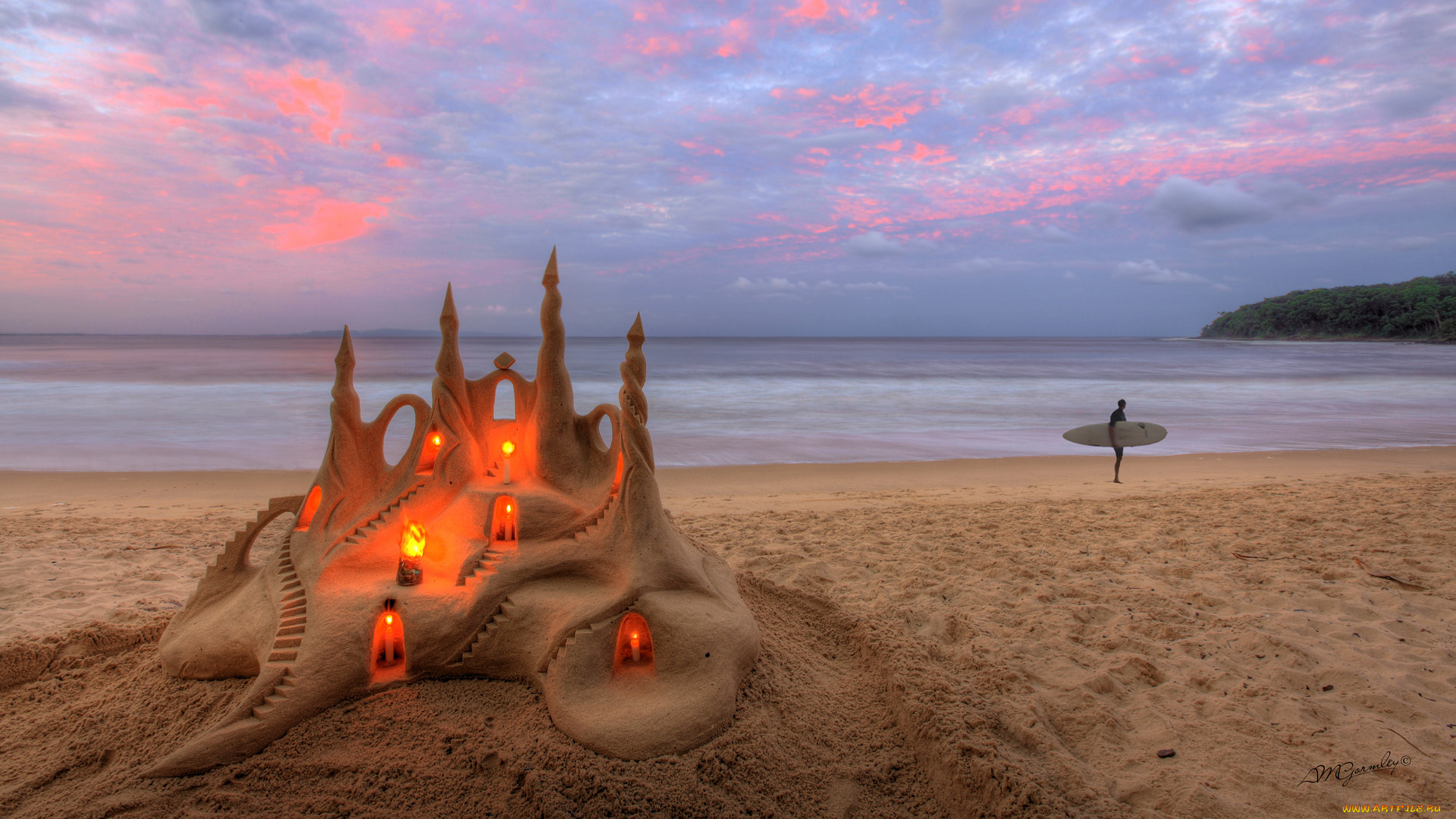природа, побережье, море, свечи, песочный, замок, песок, пляж