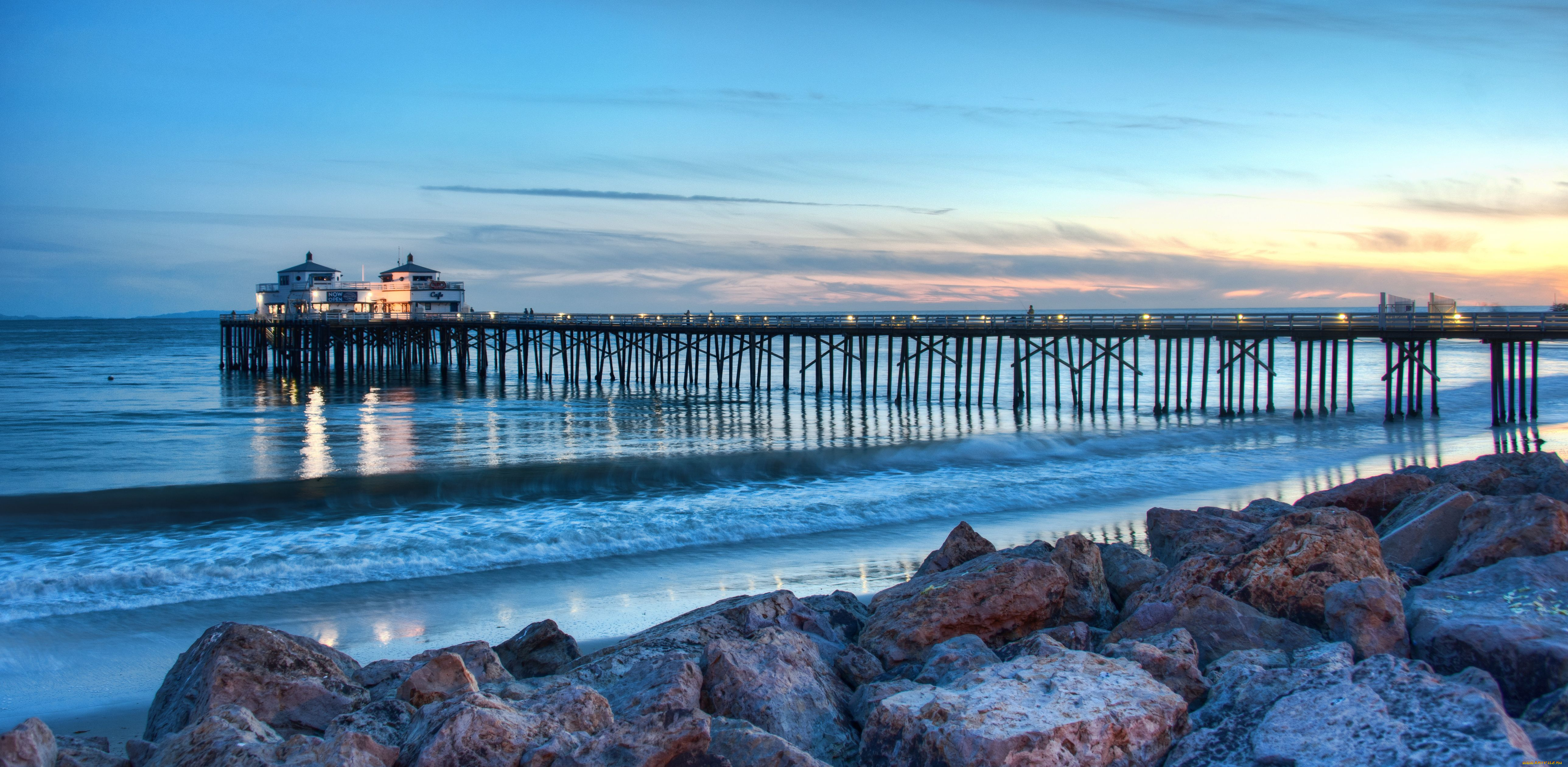 malibu, pier, california, природа, побережье, камни, море, мост