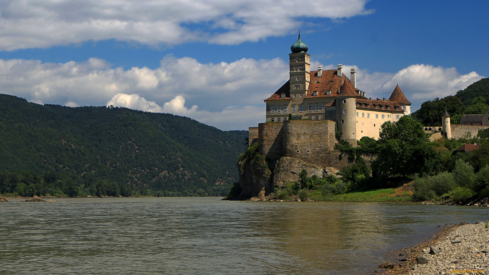 австрия, замок, schoenbuehel, города, дворцы, замки, крепости, река, обрыв