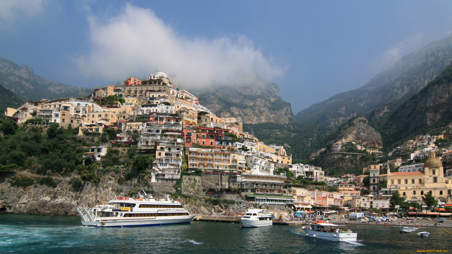 positano, италия, города, амальфийское, лигурийское, побережье, дома, море, горы, катера