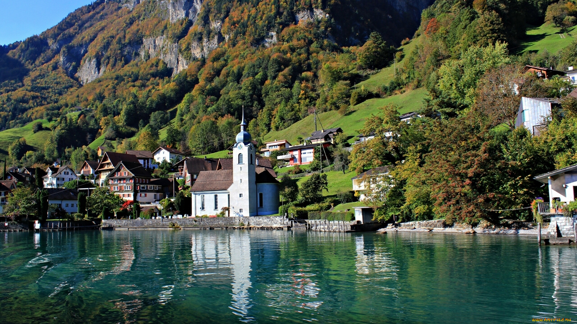 switzerland, города, пейзажи, озеро, горы, церковь, швейцария