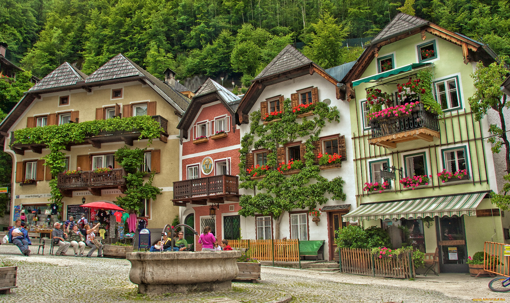 hallstatt, austria, города, улицы, площади, набережные, гальштат, австрия, площадь, фонтан, здания, цветы