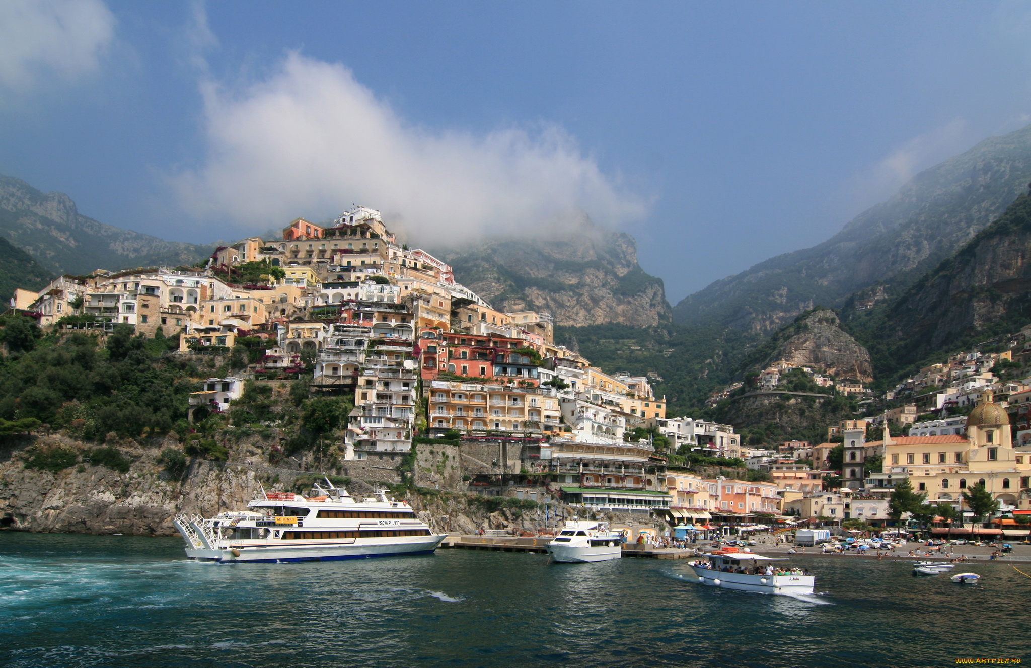 positano, италия, города, амальфийское, лигурийское, побережье, дома, море, горы, катера