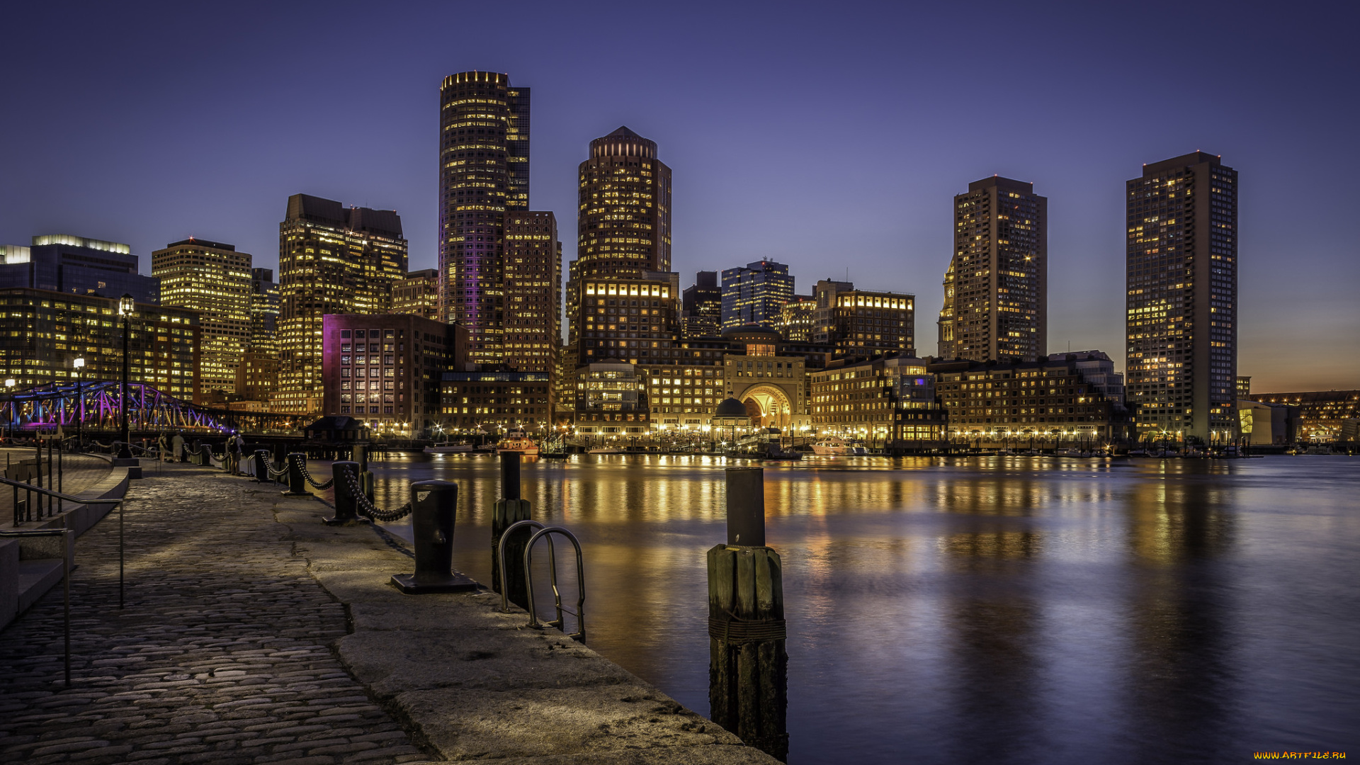 boston, skyline, города, бостон, , сша, набережная, ночь, огни, небоскребы