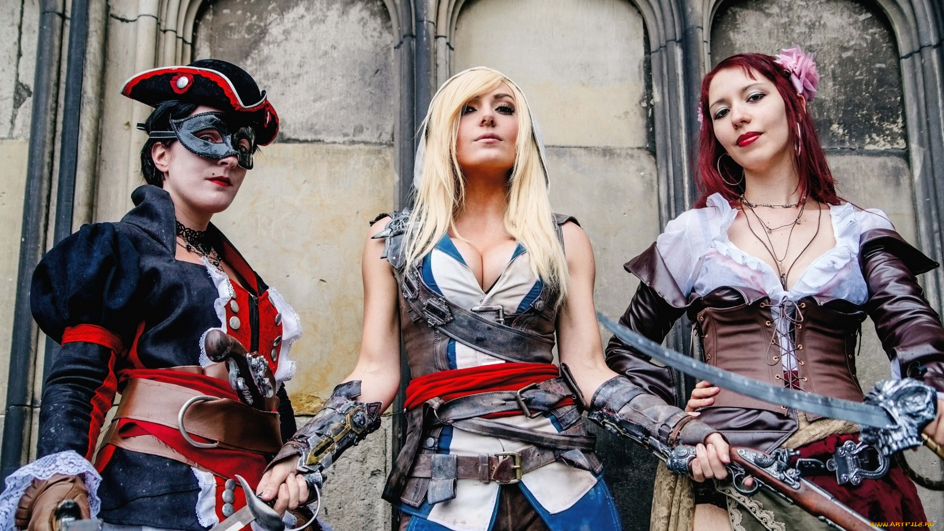 девушки, -unsort, , креатив, jessica, nigri, pose, swords, antique, firearms, dress, cosplay, men, assassin's, creed, blonde, women