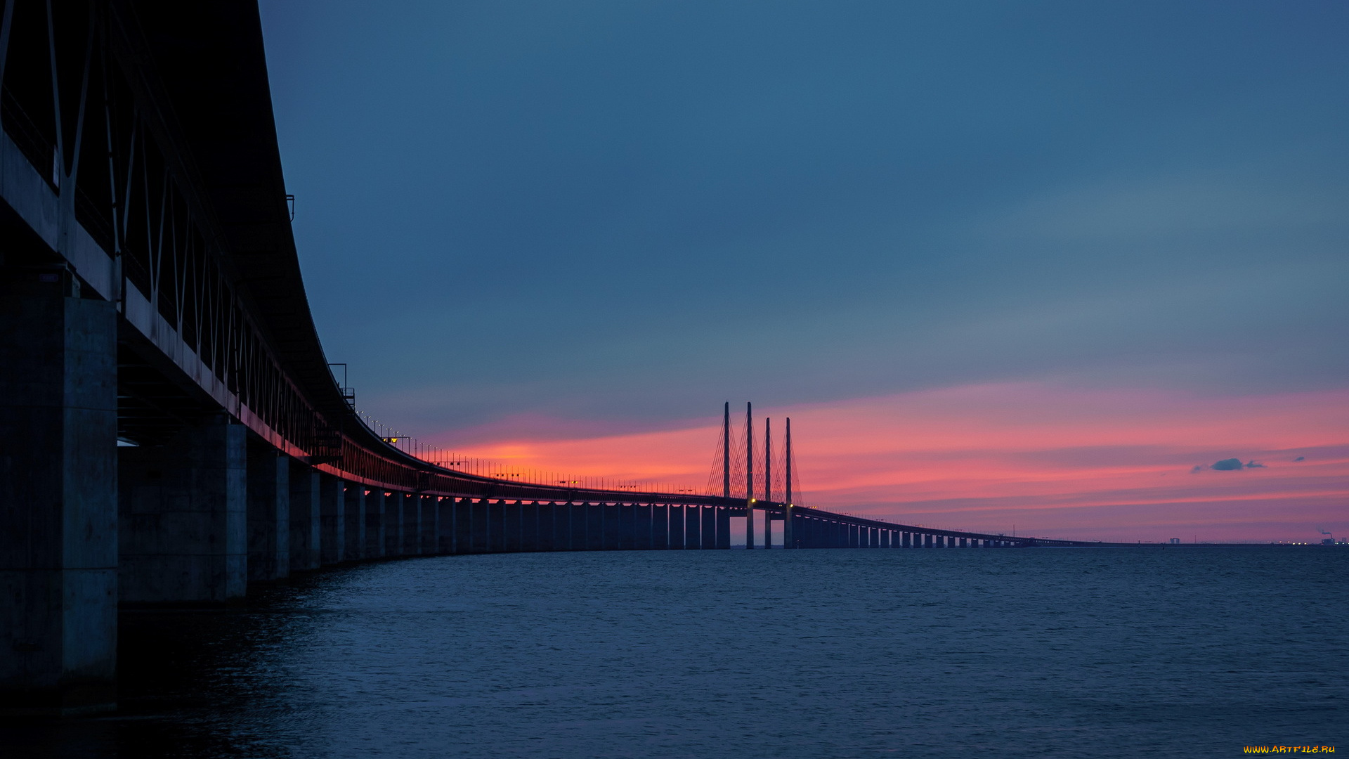 города, -, мосты, оresunds, bridge, skane, bunkeflostrand, sweden, закат, мост