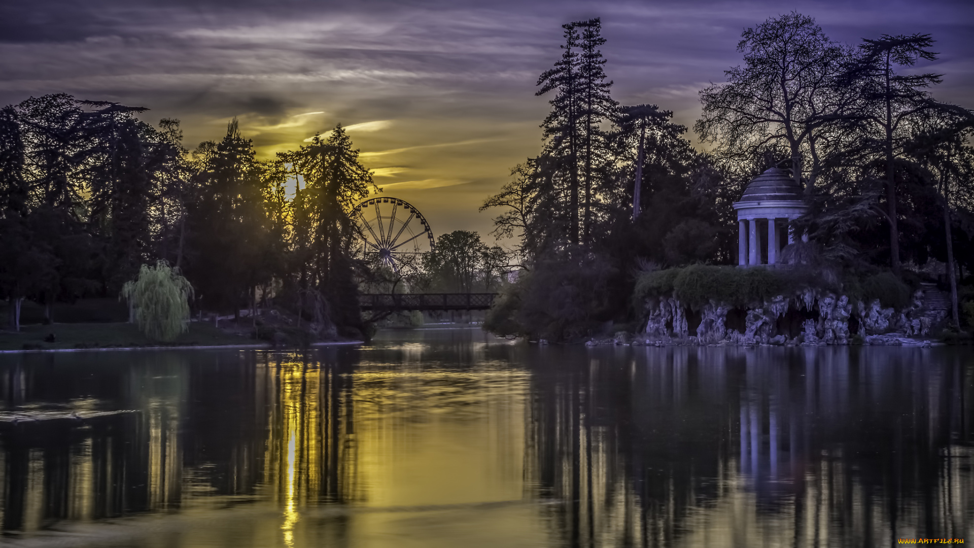 lac, daumesnil, -, paris, города, париж, , франция, ротонда, мост, пруд, парк, вечер