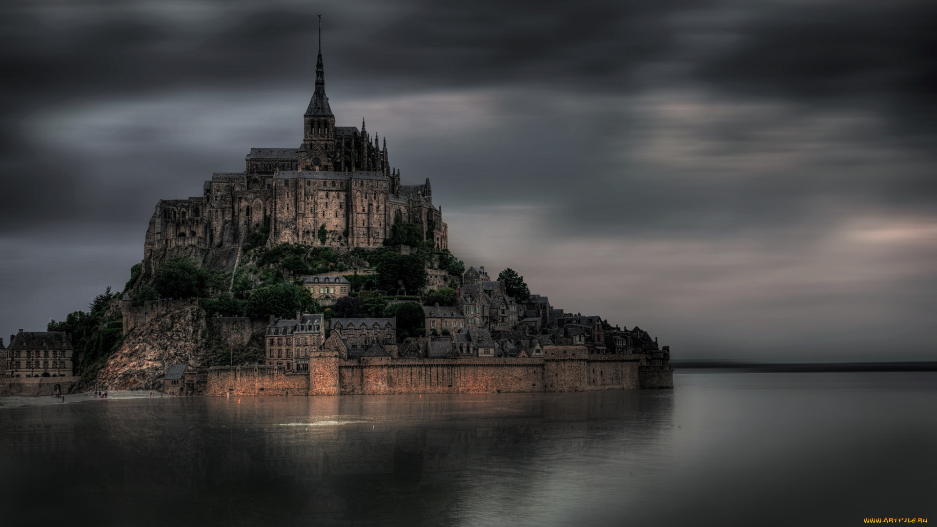 mont-saint-michele, города, крепость, мон-сен-мишель, , франция, крепость, сумрак