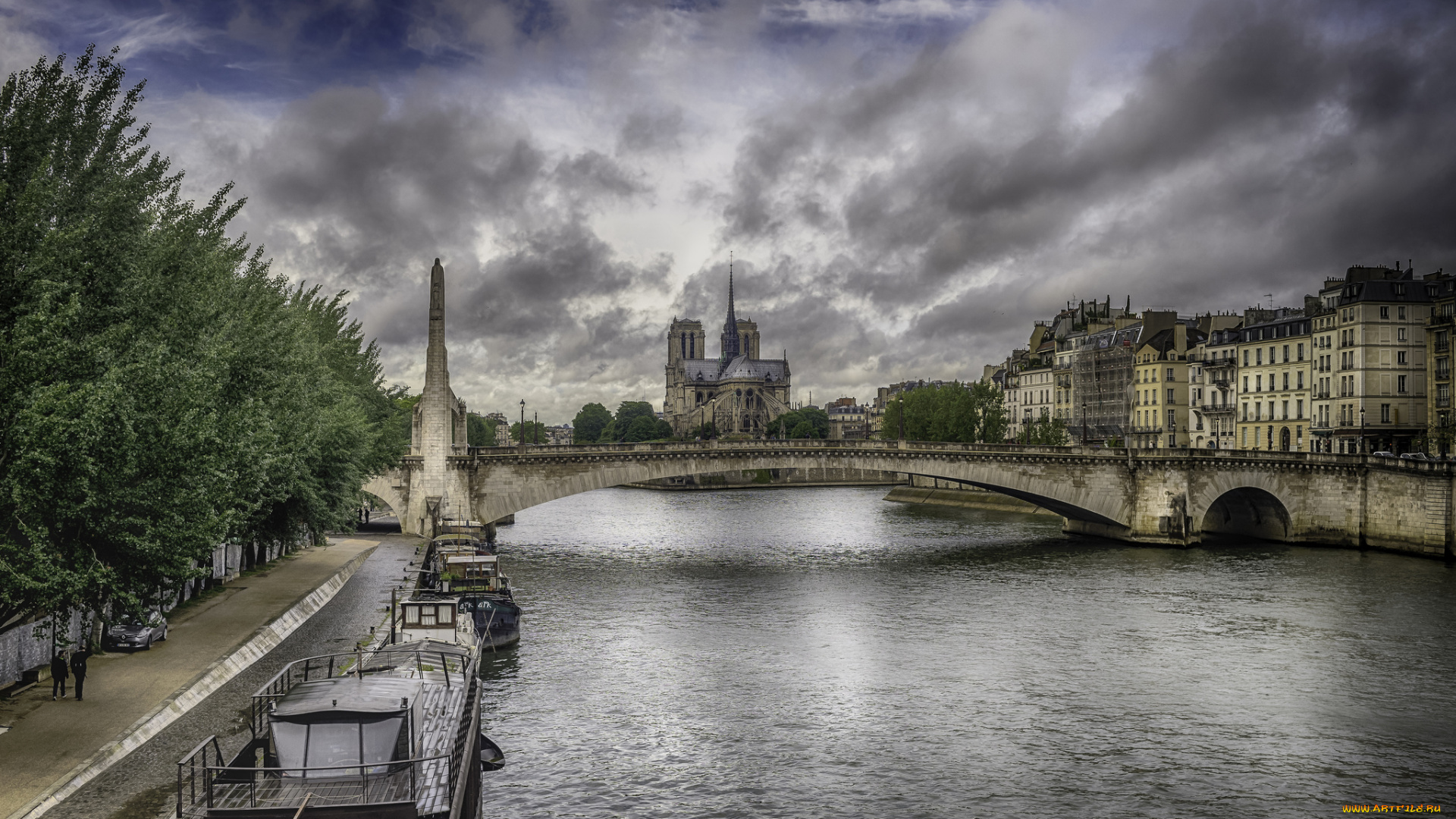 notre, dame, города, париж, , франция, река, собор, мост