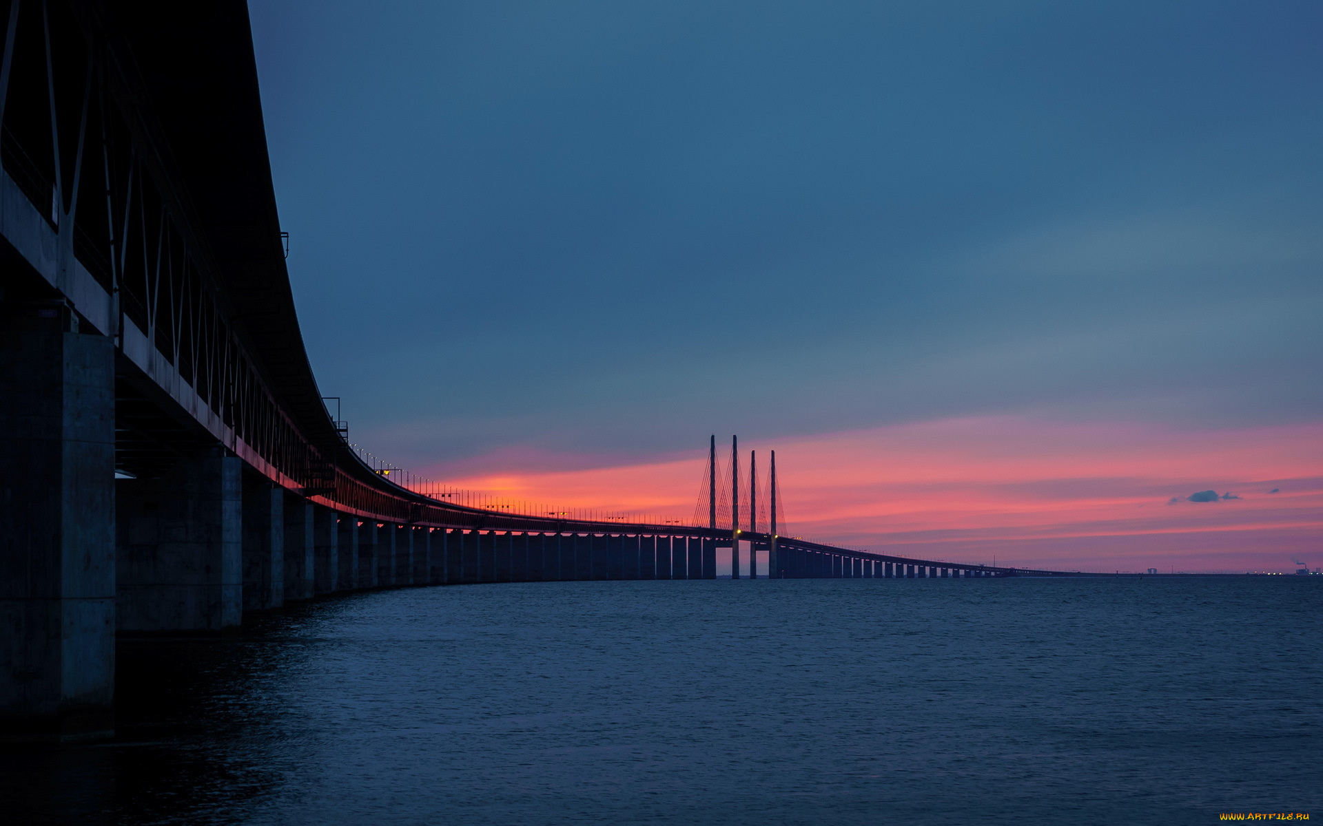 города, -, мосты, оresunds, bridge, skane, bunkeflostrand, sweden, закат, мост