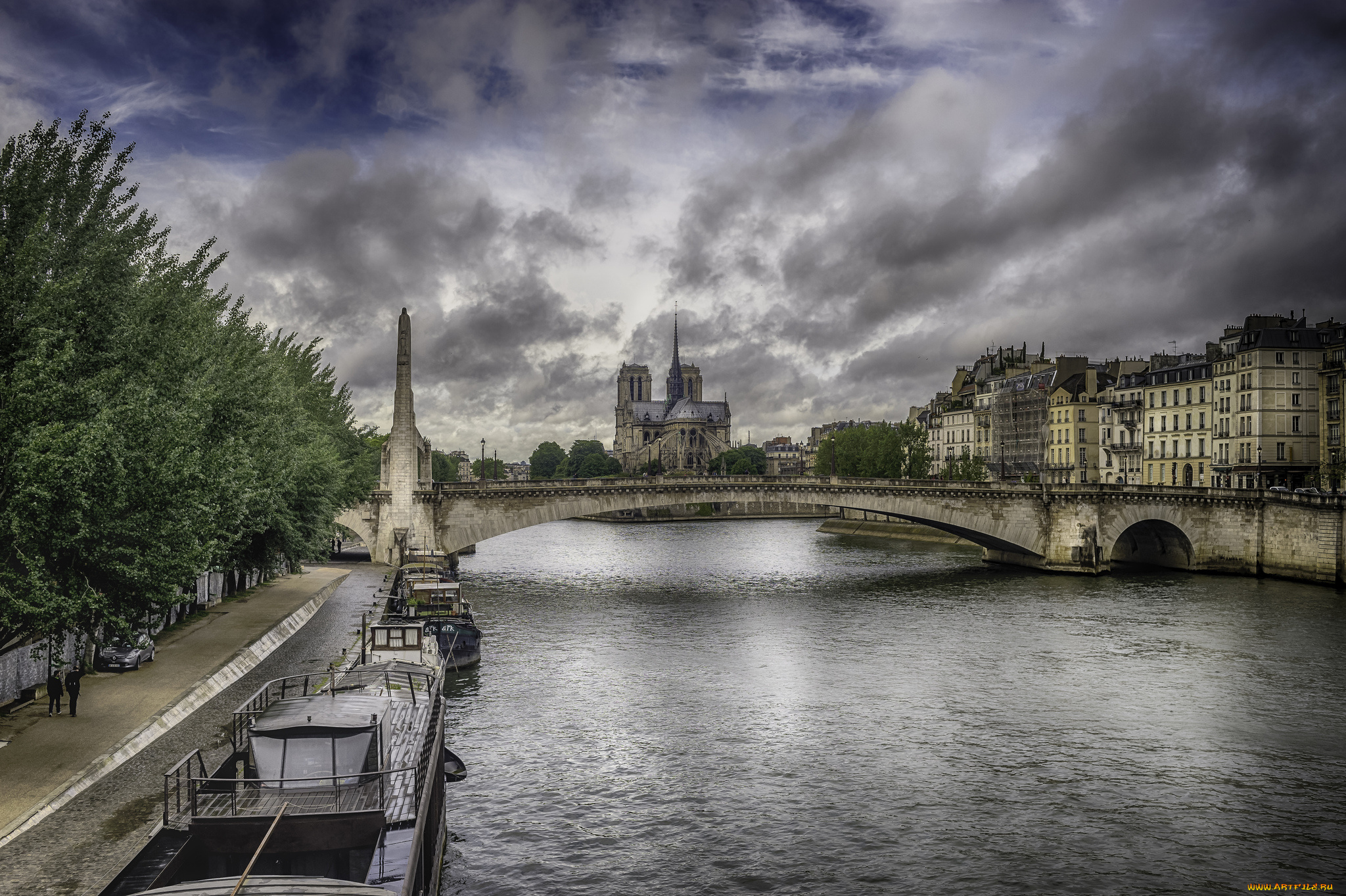 notre, dame, города, париж, , франция, река, собор, мост