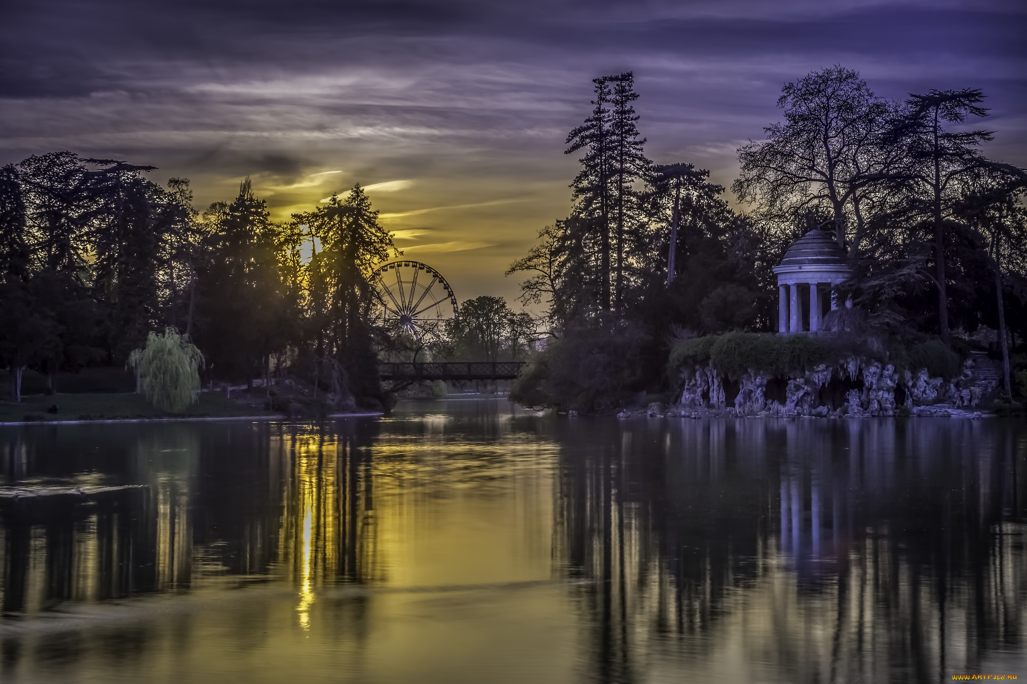 lac, daumesnil, -, paris, города, париж, , франция, ротонда, мост, пруд, парк, вечер