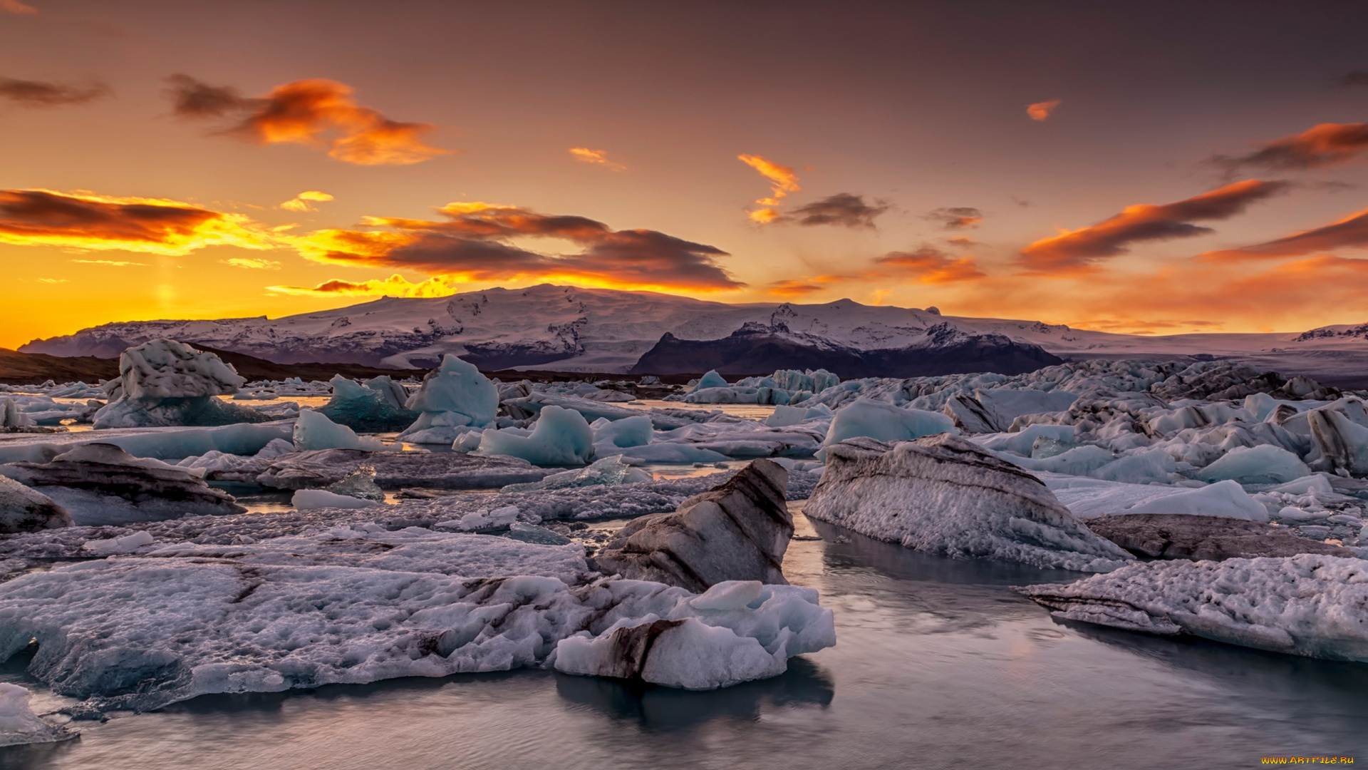 природа, восходы, закаты, глыбы, исландия, лёд, побережье