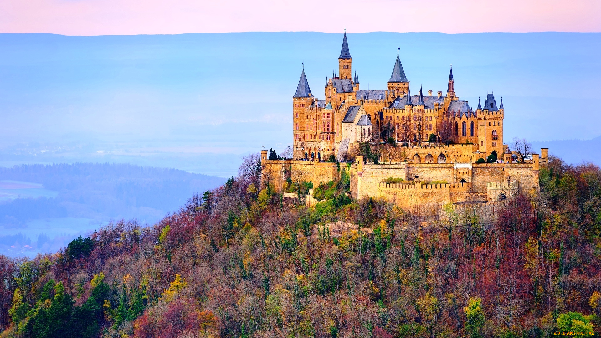 замок, гогенцоллерн, , штутгарт, , германия, города, замки, германии, замок, гора, лес, панорама