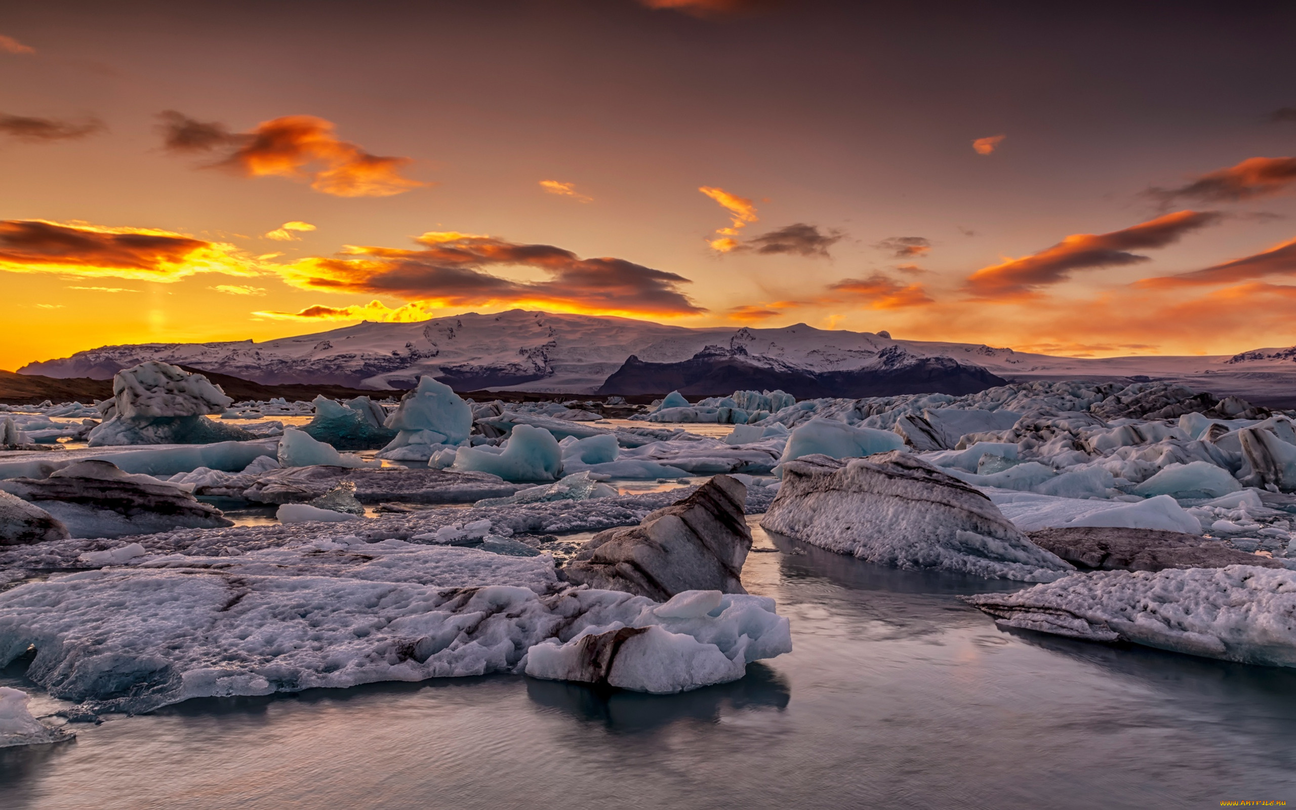 природа, восходы, закаты, глыбы, исландия, лёд, побережье