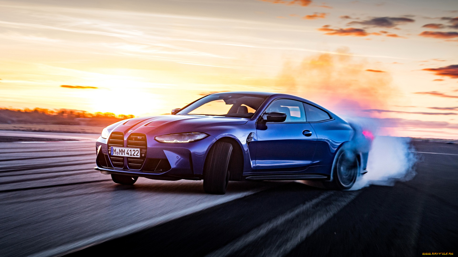 bmw, m4, competition, автомобили, bmw, синий, дрифт, дорога, закат